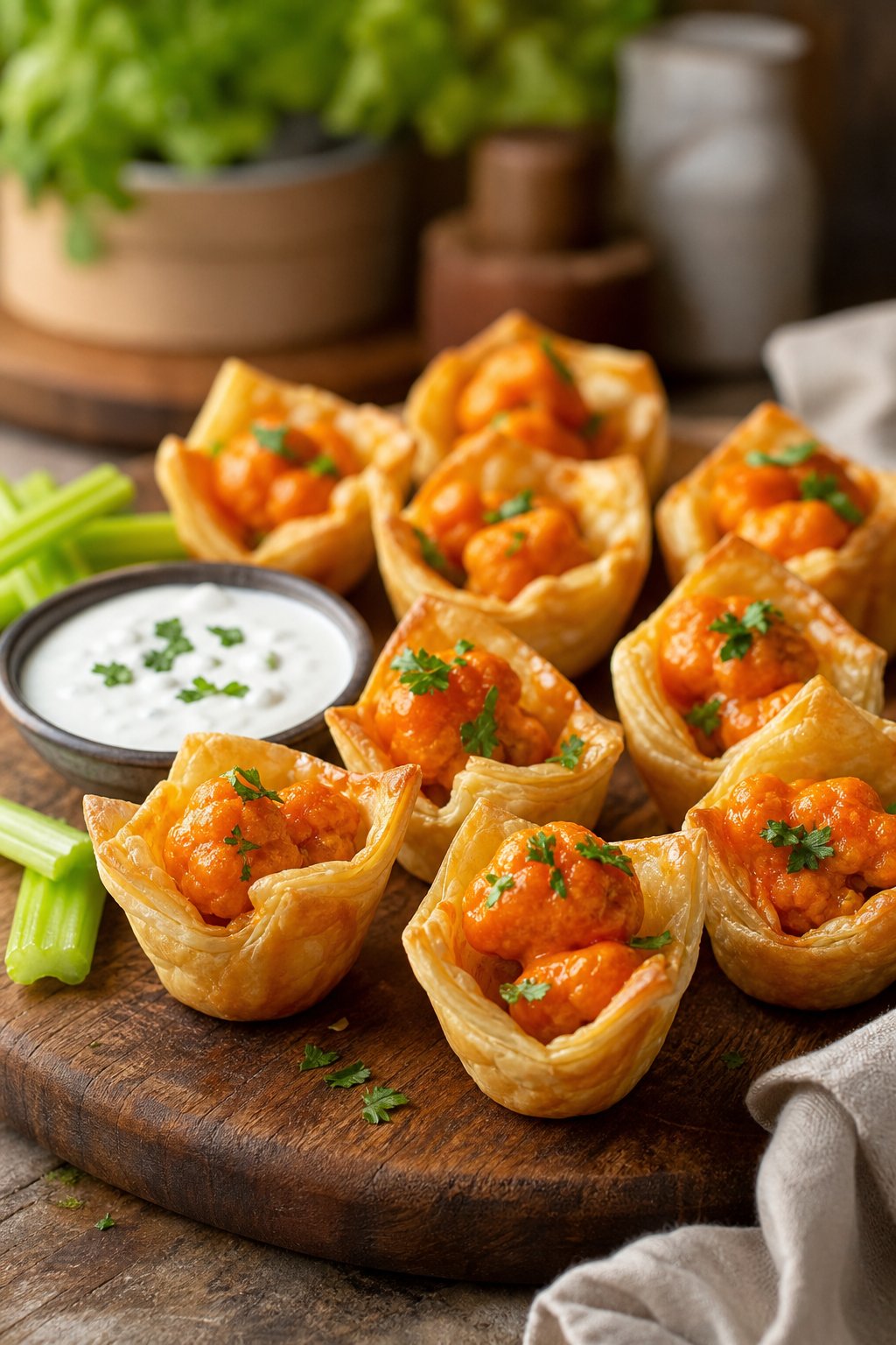 Buffalo cauliflower puff pastry wontons arranged on a wooden board with a bowl of dipping sauce and celery sticks.