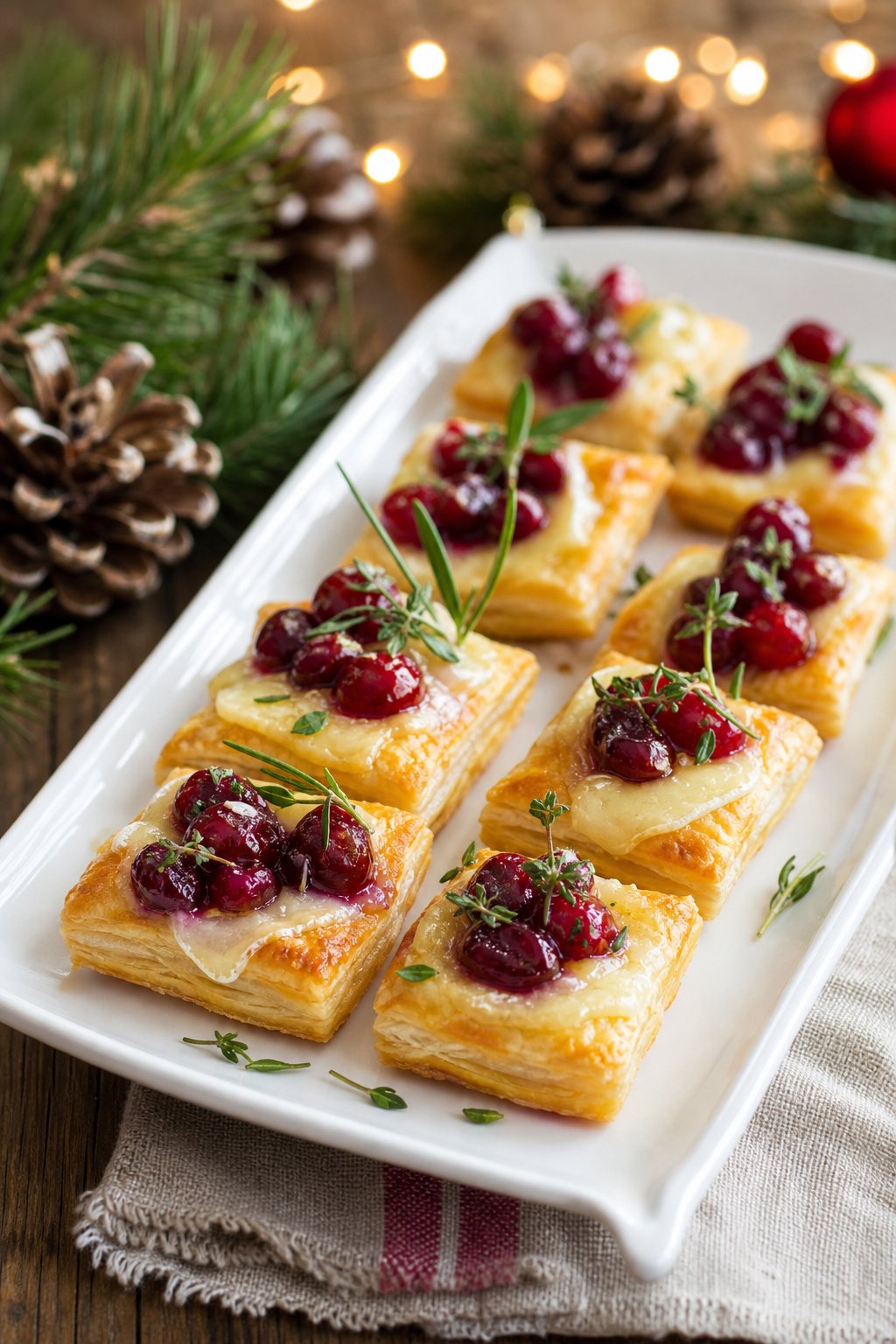 A platter of golden puff pastry bites topped with melted brie cheese and cranberries, garnished with herbs on a wooden table with holiday decorations in the background.