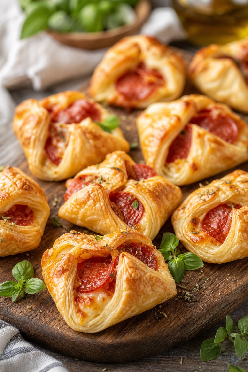Close-up of golden-brown pepperoni pizza puff pastry purses arranged on a wooden board with herbs in the background.