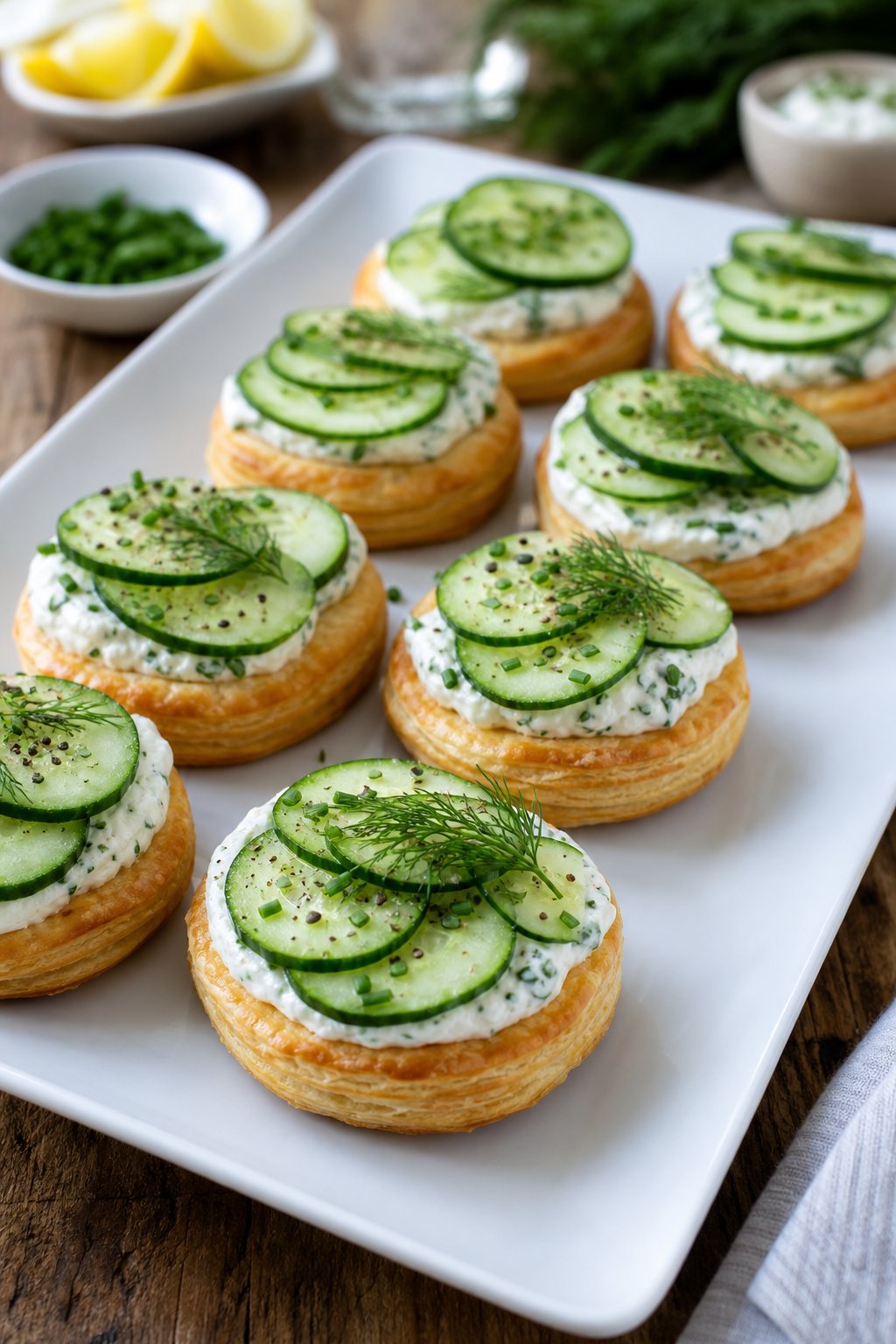 A platter of herbed cream cheese cucumber tarts on puff pastry arranged on a wooden table.