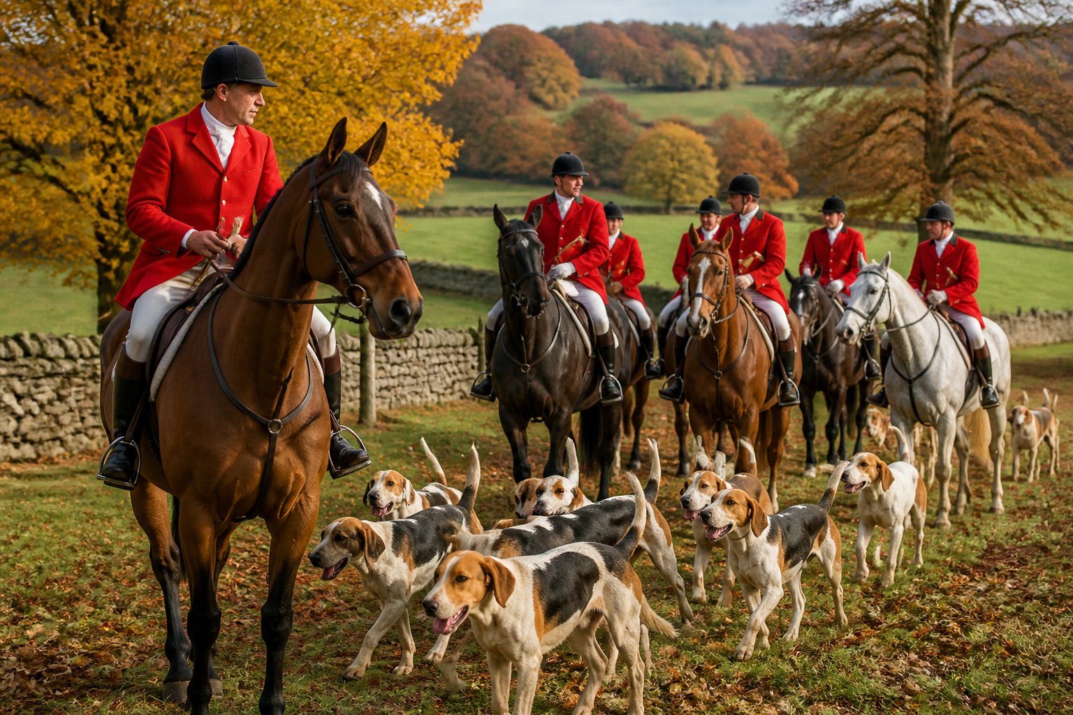Riders in traditional fox hunting attire on horses with a pack of hounds in a green countryside with autumn trees and stone walls.