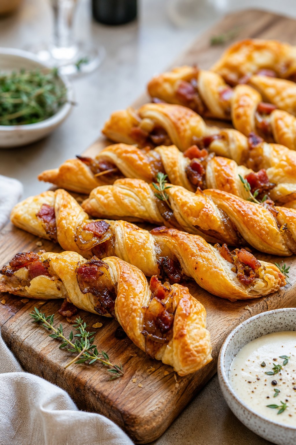 Close-up of golden brown puff pastry twists with bacon and caramelized onions on a wooden board with fresh herbs.