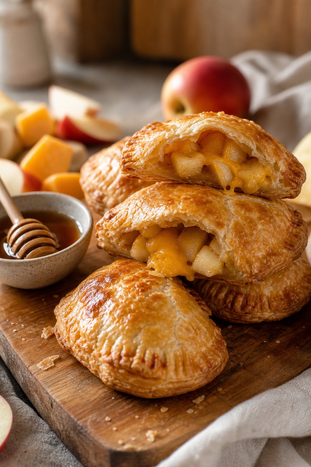 A wooden board with golden-brown apple-cheddar maple hand pies, a bowl of maple syrup, apple slices, and cheddar cheese pieces on a kitchen counter.
