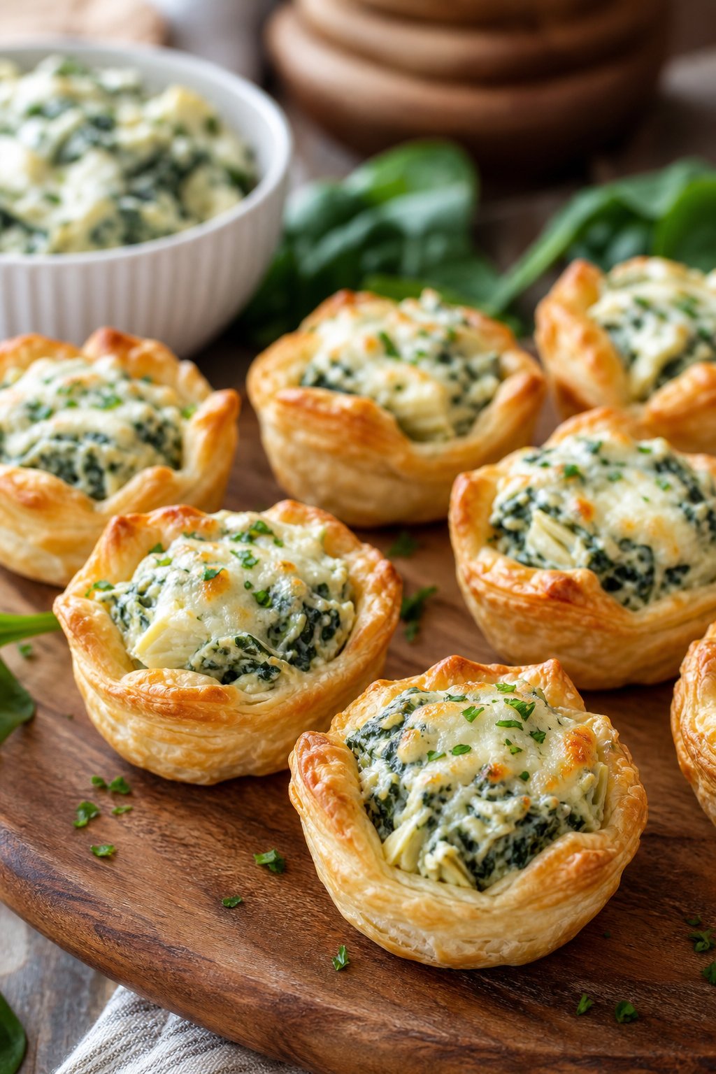 Close-up of golden puff pastry cups filled with creamy spinach and artichoke dip, arranged on a wooden board with fresh spinach leaves nearby.