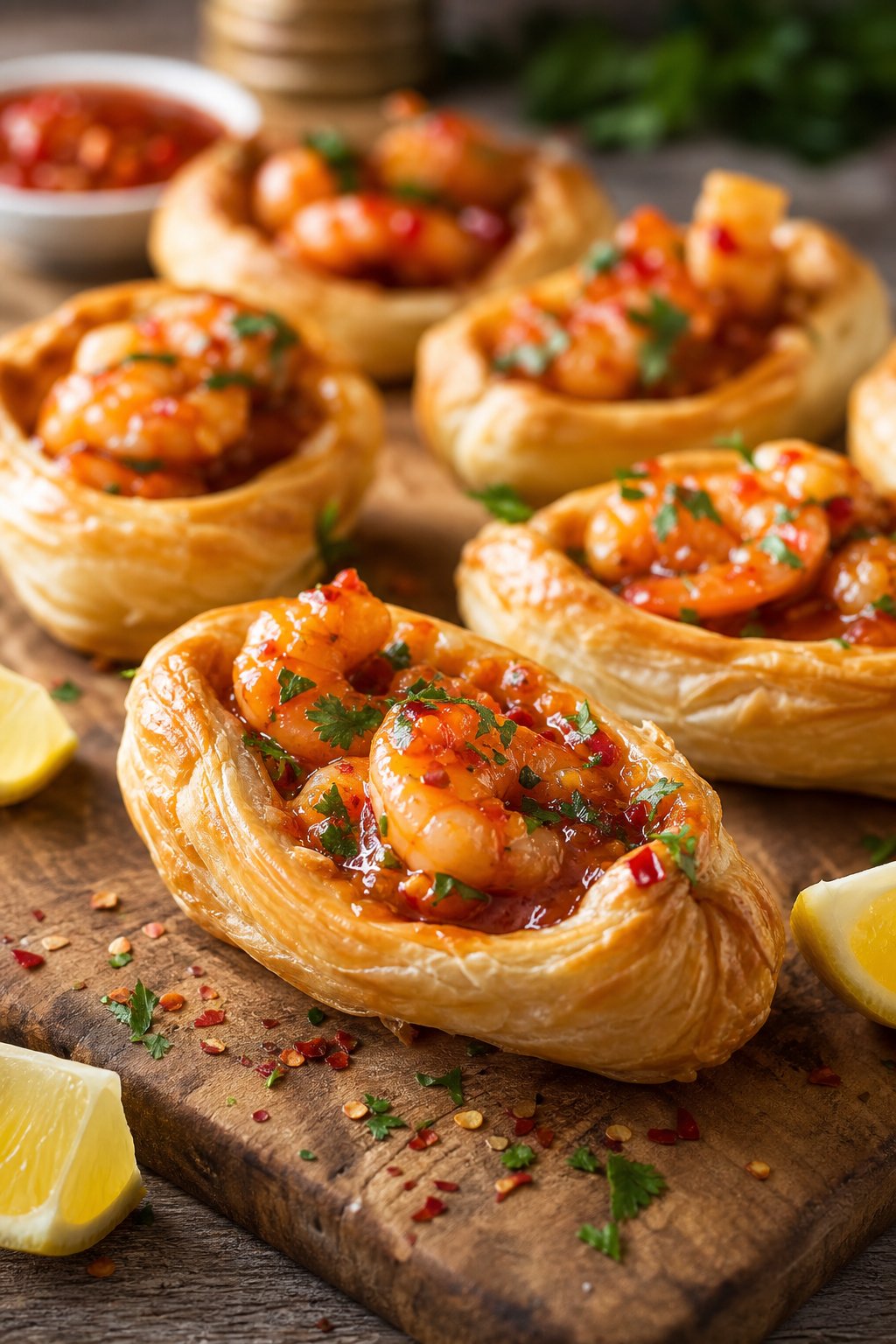 Close-up of several puff pastry boats filled with sweet chili shrimp, garnished with fresh herbs, arranged on a wooden board.