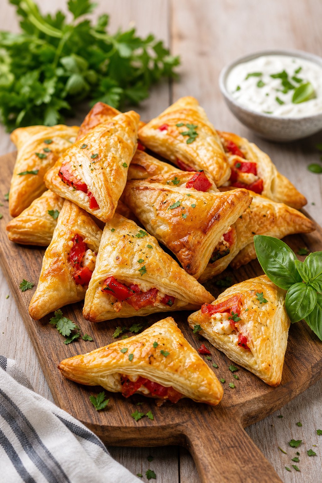 A wooden board with golden puff pastry triangles filled with roasted red peppers and feta, garnished with fresh herbs and a small bowl of dipping sauce.