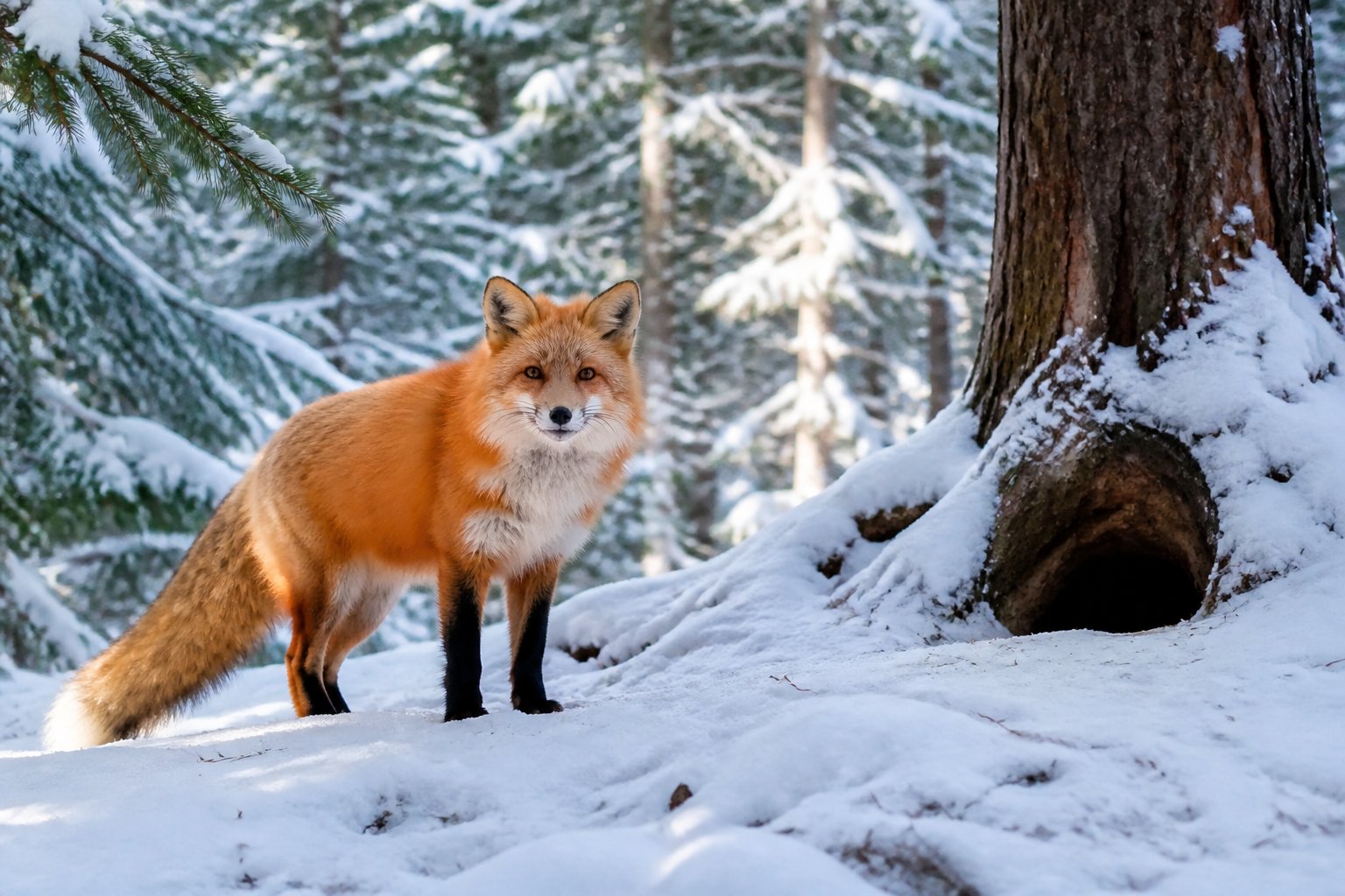 A red fox standing on snow-covered ground in a winter forest near the entrance of its den.