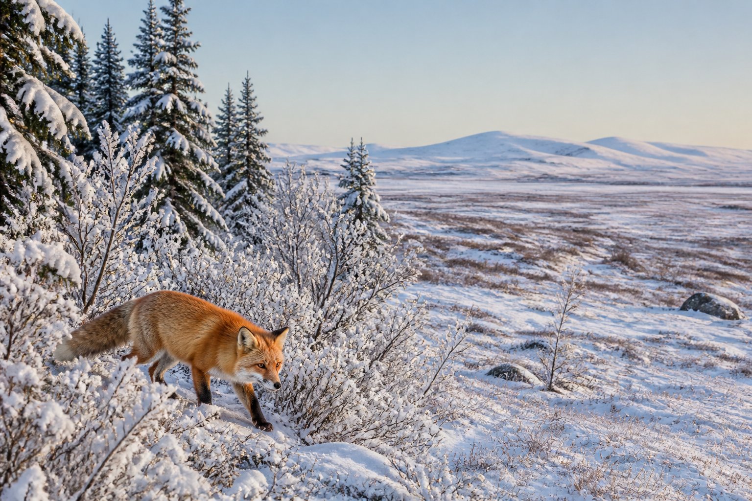 A red fox walking through snowy forest edges transitioning into an open Arctic tundra landscape under a clear winter sky.