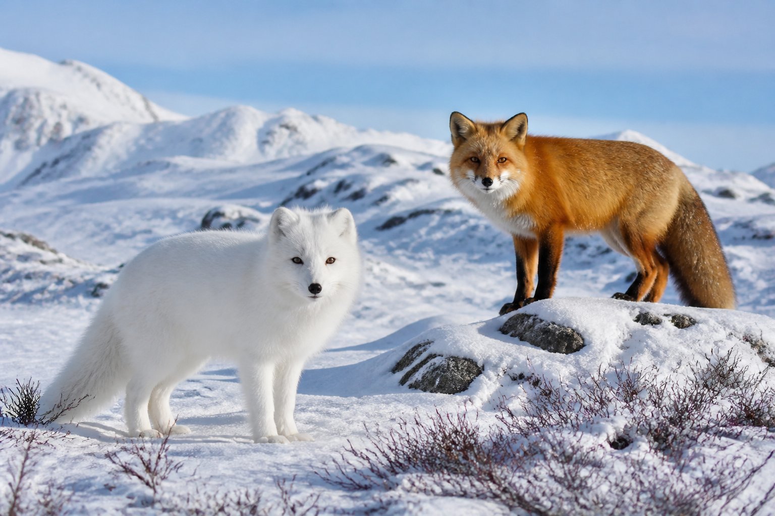 An Arctic fox with white fur and a red fox with reddish-brown fur standing in a snowy winter landscape with rocks and sparse vegetation.
