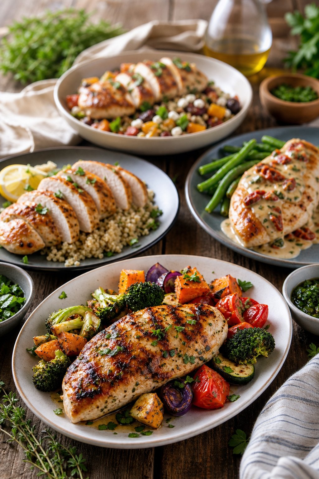 29 Mouthwatering Chicken Breast Recipes to Spice Up Your Dinner Routine! 2 A table displaying several plates of cooked chicken breast dishes with vegetables and herbs.