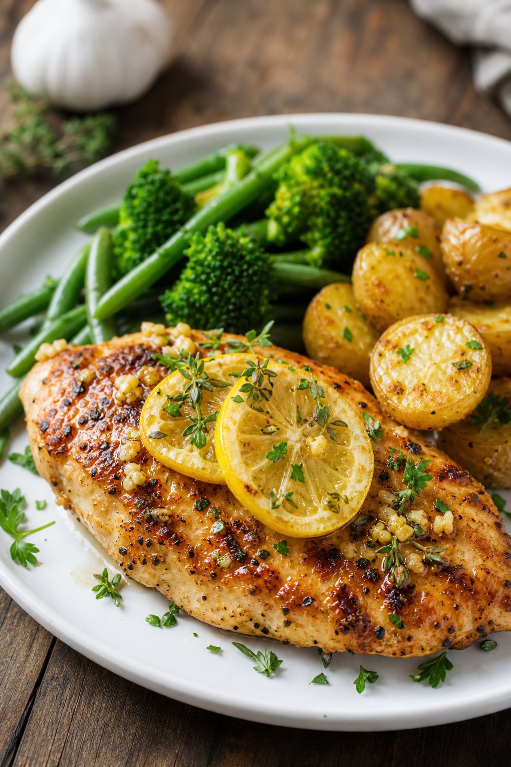 29 Mouthwatering Chicken Breast Recipes to Spice Up Your Dinner Routine! 3 A plate with a lemon-garlic pan-seared chicken breast garnished with lemon slices and herbs, served with green vegetables and roasted potatoes on a wooden table.