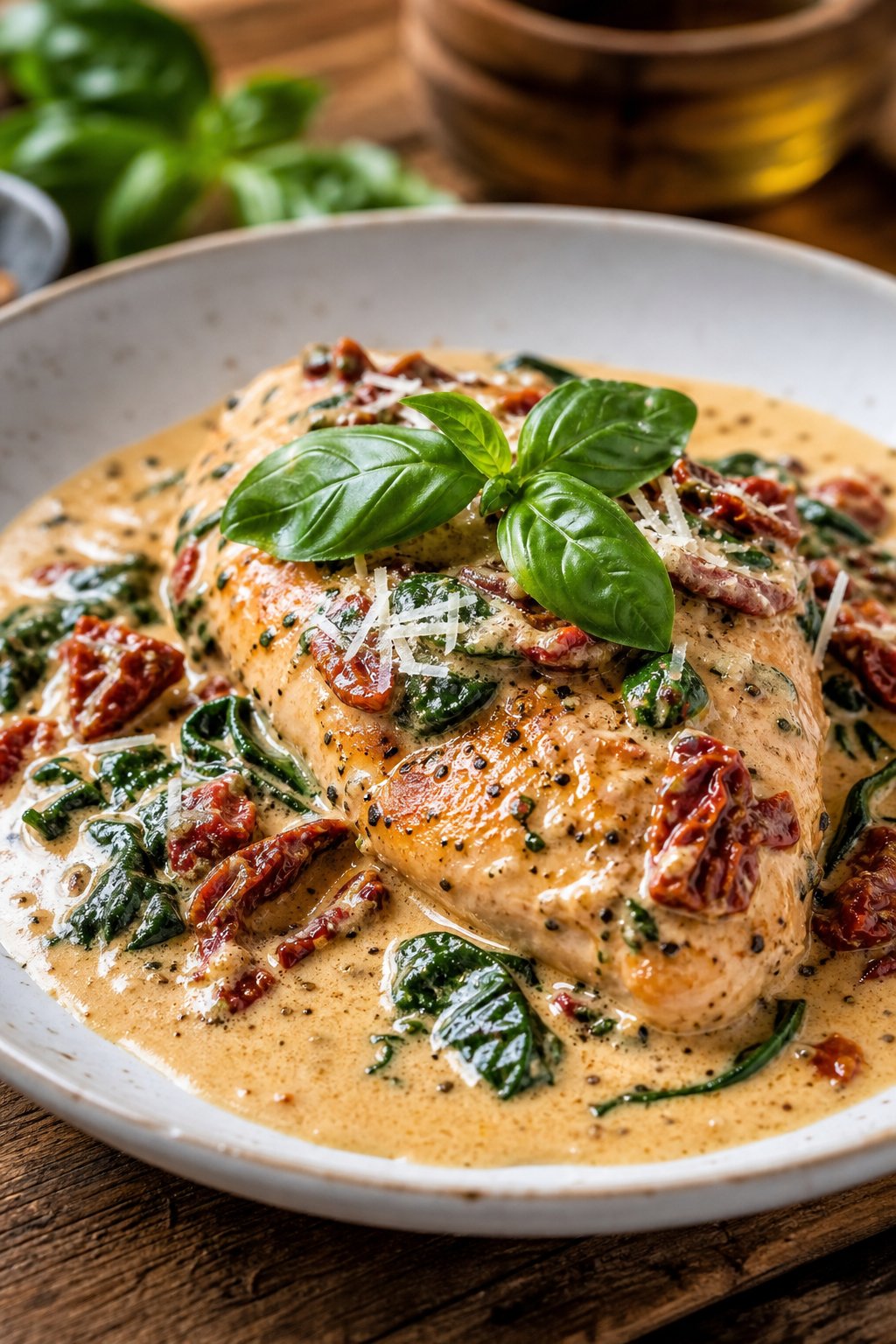 29 Mouthwatering Chicken Breast Recipes to Spice Up Your Dinner Routine! 4 A plated creamy Tuscan chicken breast with sun-dried tomatoes and spinach, garnished with basil and Parmesan cheese.