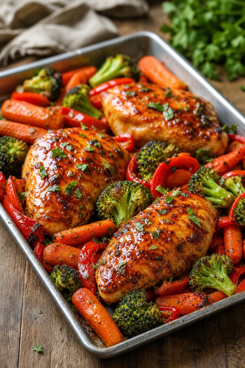 29 Mouthwatering Chicken Breast Recipes to Spice Up Your Dinner Routine! 5 A sheet-pan meal with honey-sriracha glazed chicken breasts and roasted vegetables on a rustic wooden table.