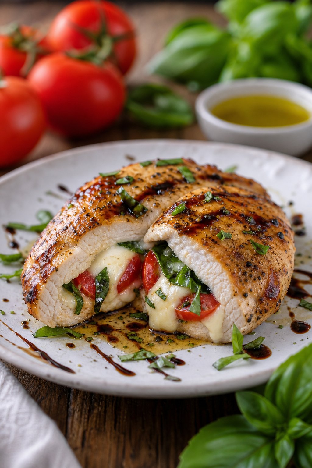 29 Mouthwatering Chicken Breast Recipes to Spice Up Your Dinner Routine! 6 A sliced chicken breast stuffed with mozzarella, tomatoes, and basil on a white plate with balsamic glaze and herbs.
