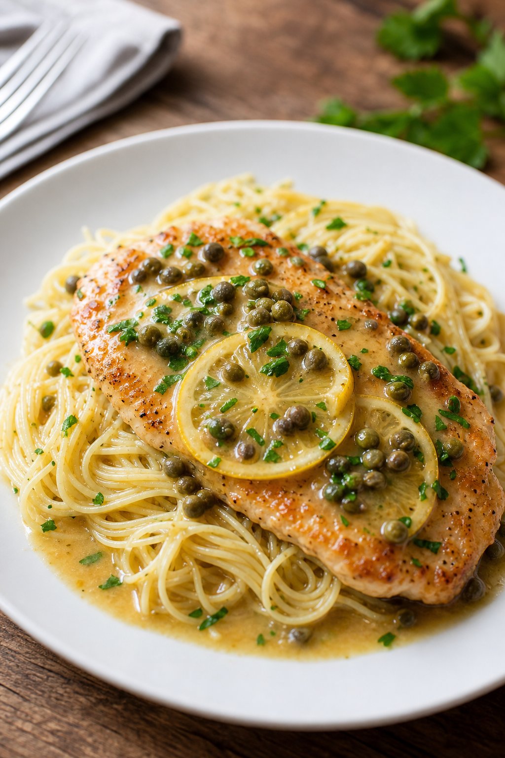 29 Mouthwatering Chicken Breast Recipes to Spice Up Your Dinner Routine! 7 A plate of chicken piccata with angel hair pasta garnished with lemon sauce and parsley on a wooden table.