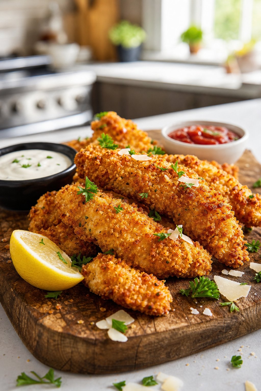 29 Mouthwatering Chicken Breast Recipes to Spice Up Your Dinner Routine! 8 A plate of crispy golden chicken tenders garnished with parsley and served with dipping sauces on a wooden board.