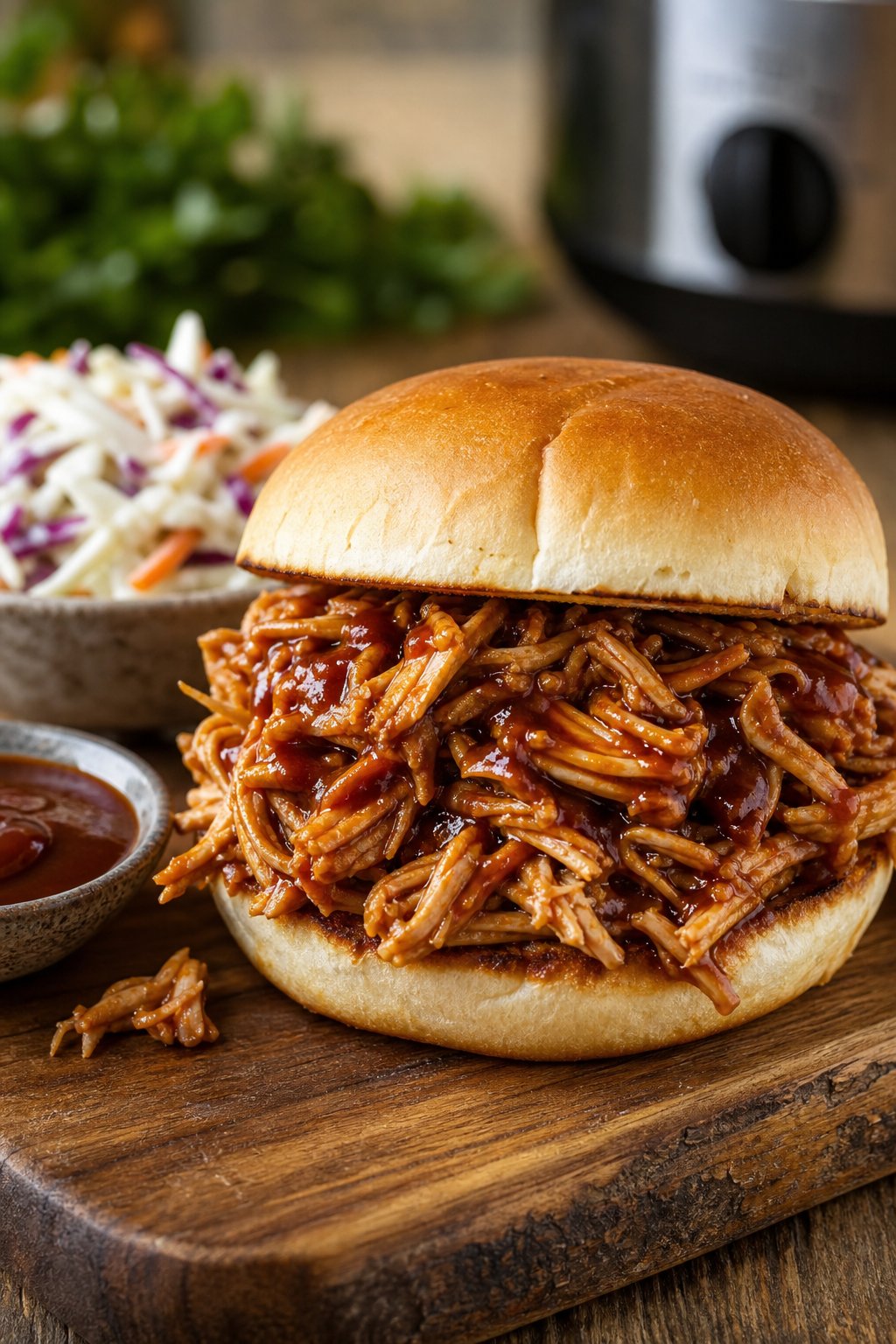 29 Mouthwatering Chicken Breast Recipes to Spice Up Your Dinner Routine! 9 A close-up of a pulled chicken sandwich with barbecue sauce on a toasted bun, served with coleslaw and extra sauce on a wooden board.