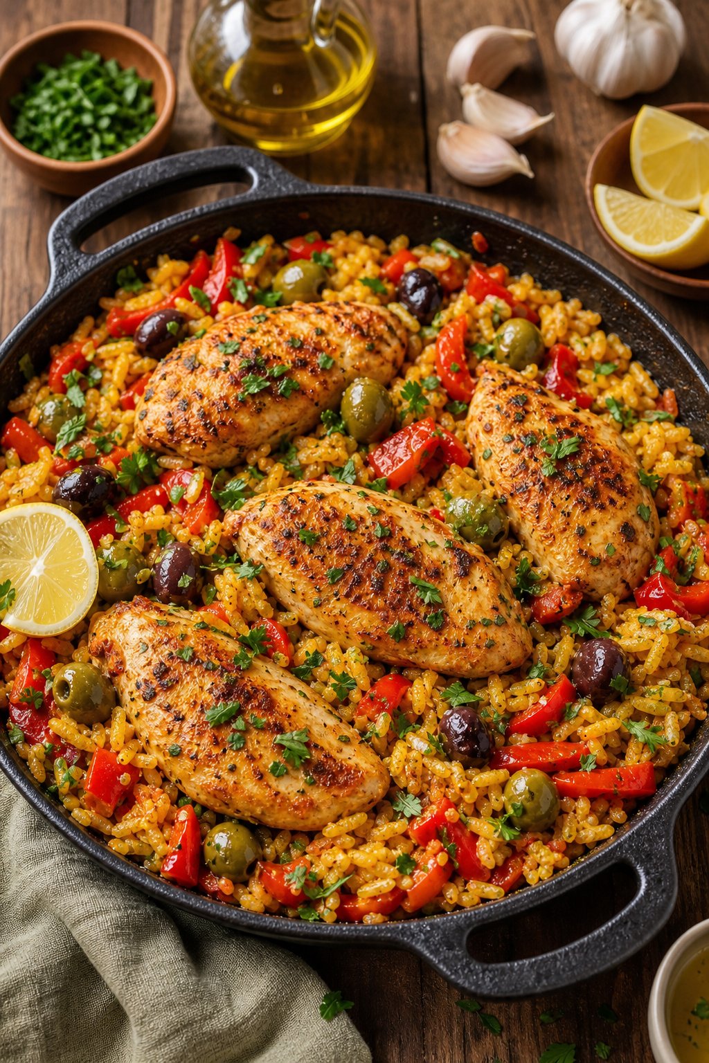 29 Mouthwatering Chicken Breast Recipes to Spice Up Your Dinner Routine! 10 A pan of cooked Spanish chicken breasts with rice, olives, and roasted red peppers on a wooden table.