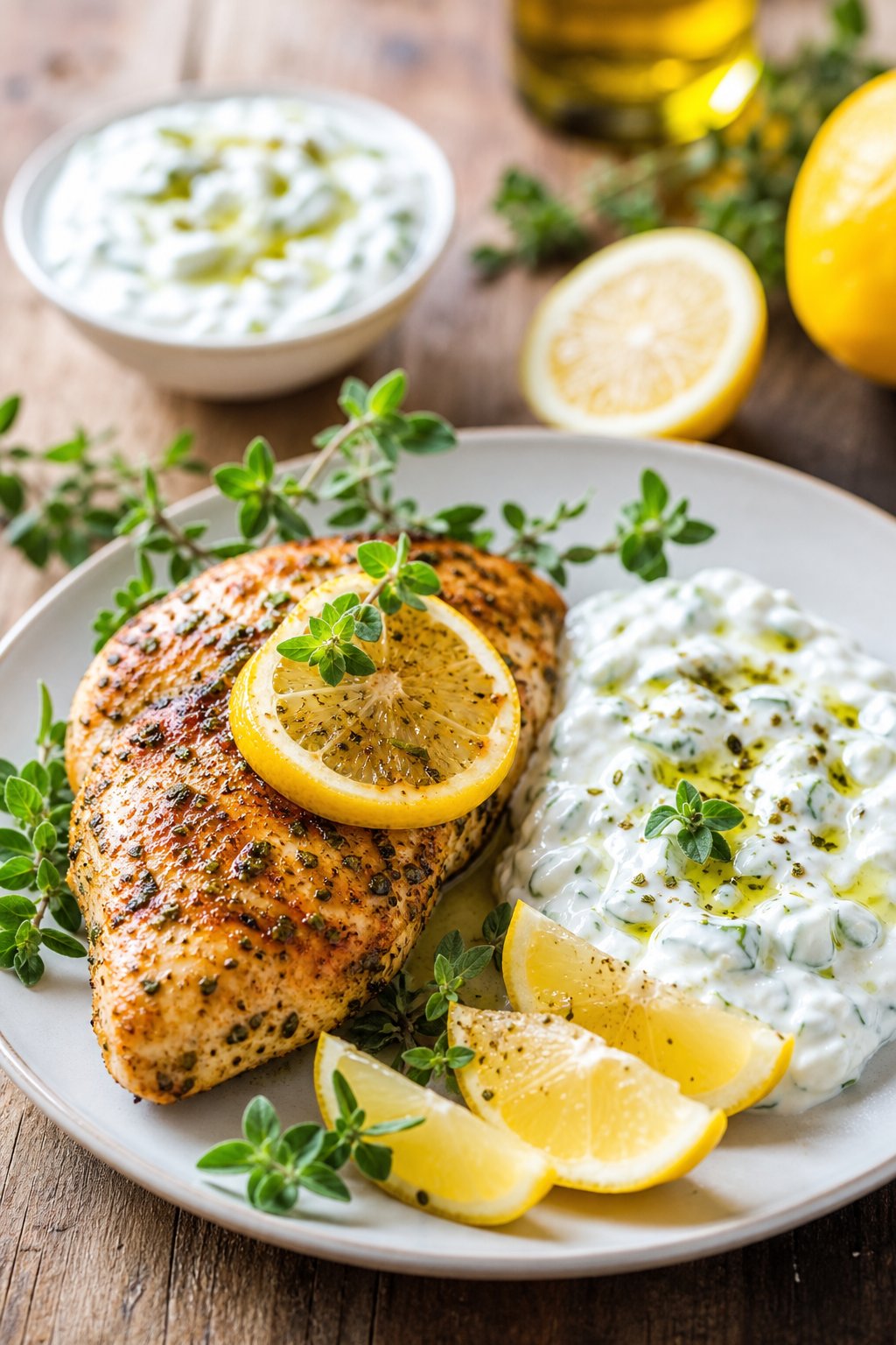 29 Mouthwatering Chicken Breast Recipes to Spice Up Your Dinner Routine! 11 A plate of golden lemon-oregano chicken breast served with creamy tzatziki sauce and garnished with lemon wedges and oregano on a wooden table.