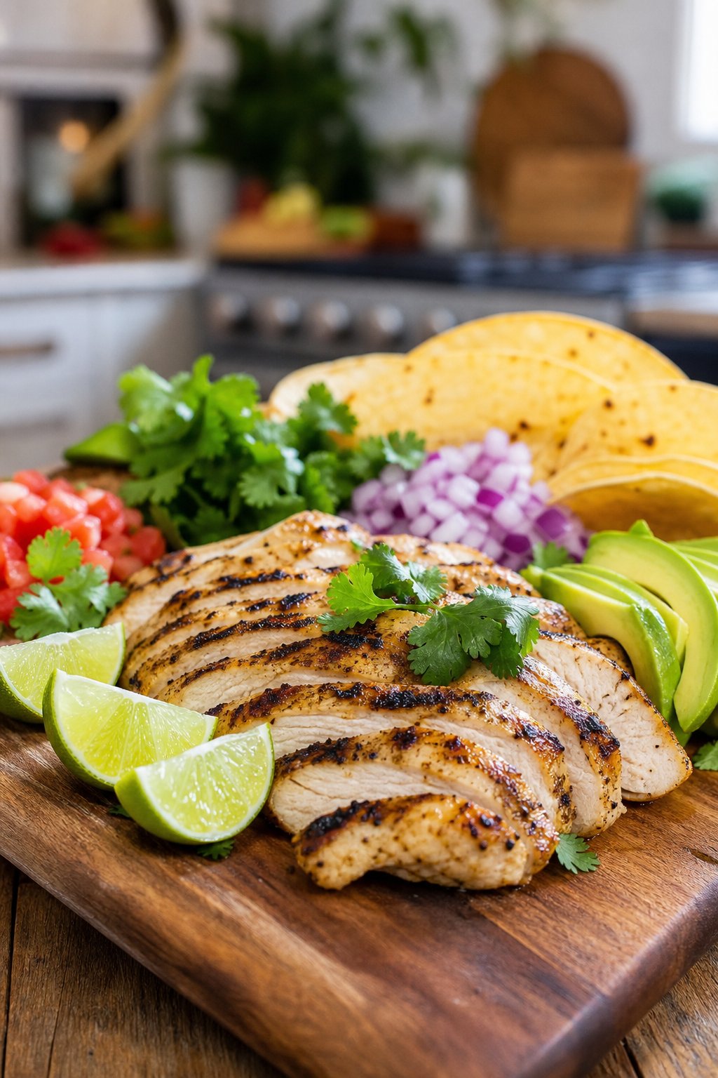 29 Mouthwatering Chicken Breast Recipes to Spice Up Your Dinner Routine! 12 A plate of grilled chicken breast garnished with cilantro and lime wedges, surrounded by taco ingredients like diced onions, tomatoes, avocado, and tortillas.