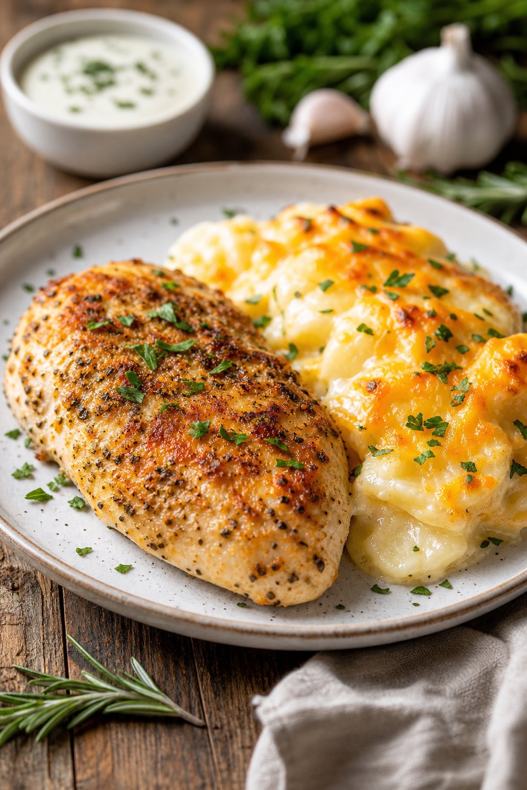 29 Mouthwatering Chicken Breast Recipes to Spice Up Your Dinner Routine! 13 A plate with baked ranch chicken breast and cheesy potatoes garnished with herbs on a wooden table.
