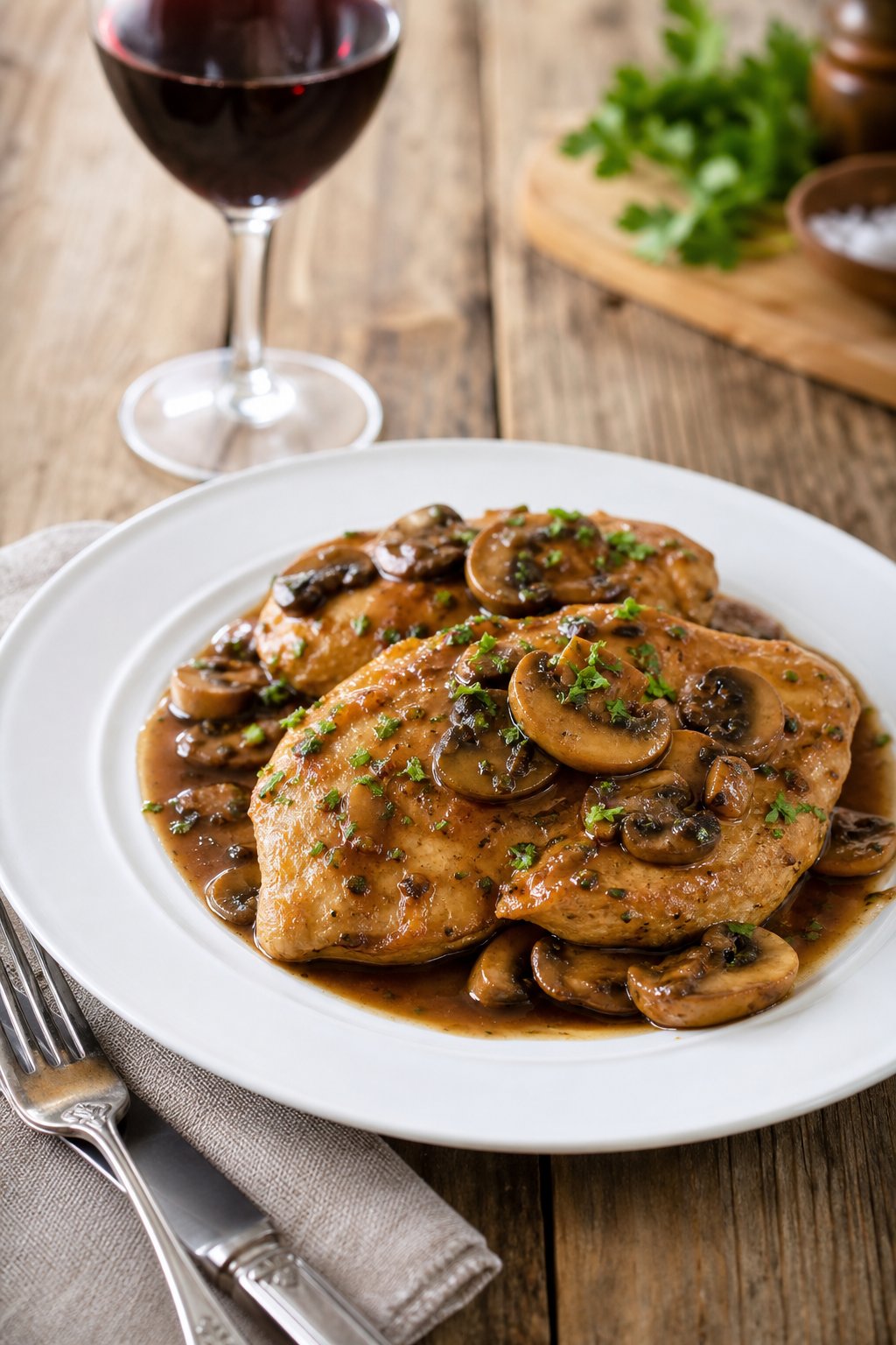29 Mouthwatering Chicken Breast Recipes to Spice Up Your Dinner Routine! 14 A plate of Chicken Marsala with mushrooms garnished with parsley on a wooden table.
