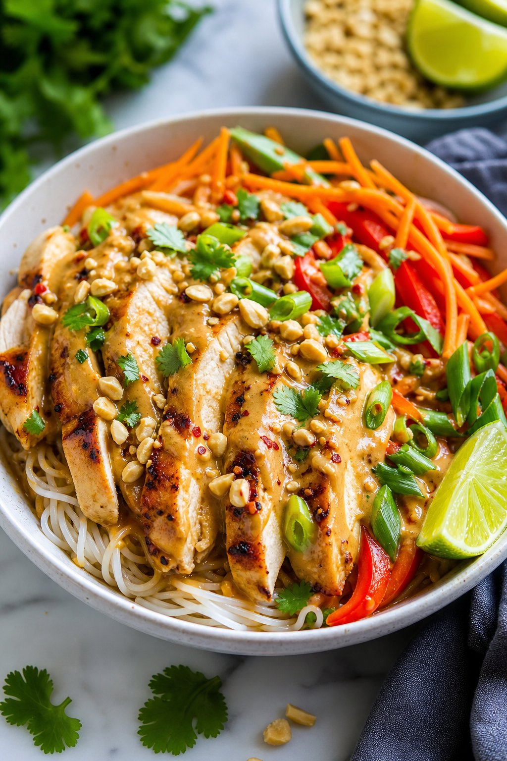 29 Mouthwatering Chicken Breast Recipes to Spice Up Your Dinner Routine! 15 A bowl of Thai peanut chicken noodle dish with grilled chicken, noodles, fresh vegetables, crushed peanuts, and a lime wedge.