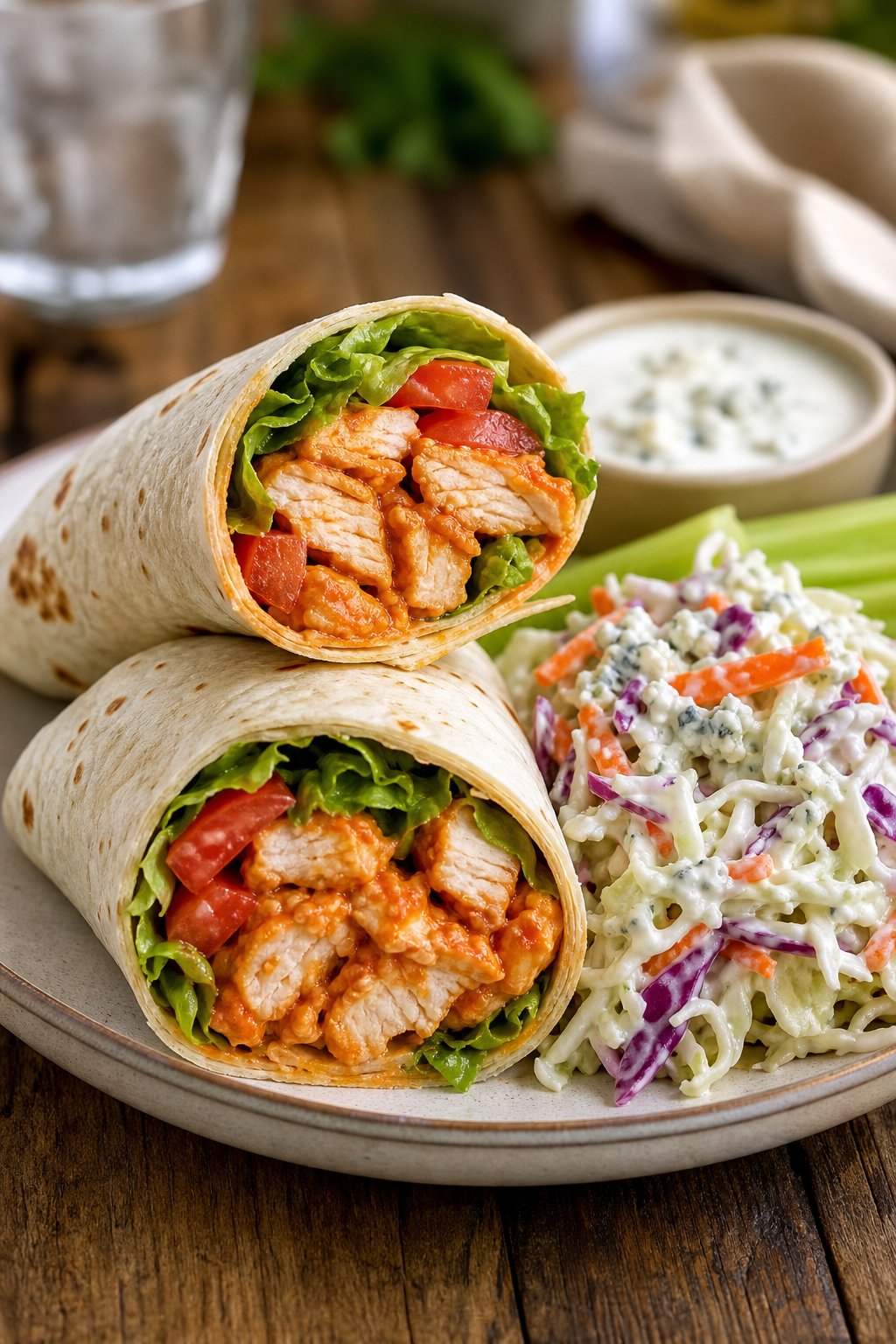 29 Mouthwatering Chicken Breast Recipes to Spice Up Your Dinner Routine! 16 Plate of buffalo chicken wraps with blue cheese slaw and celery sticks on a wooden table.