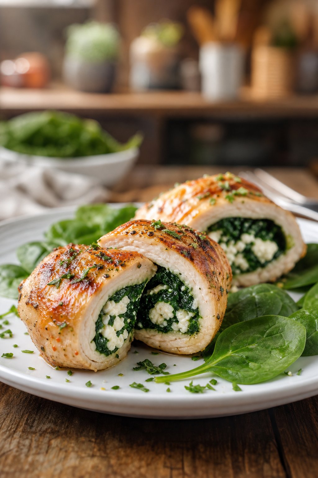 29 Mouthwatering Chicken Breast Recipes to Spice Up Your Dinner Routine! 17 Sliced spinach and feta stuffed chicken roll-ups served on a white plate with fresh spinach leaves on a wooden table.