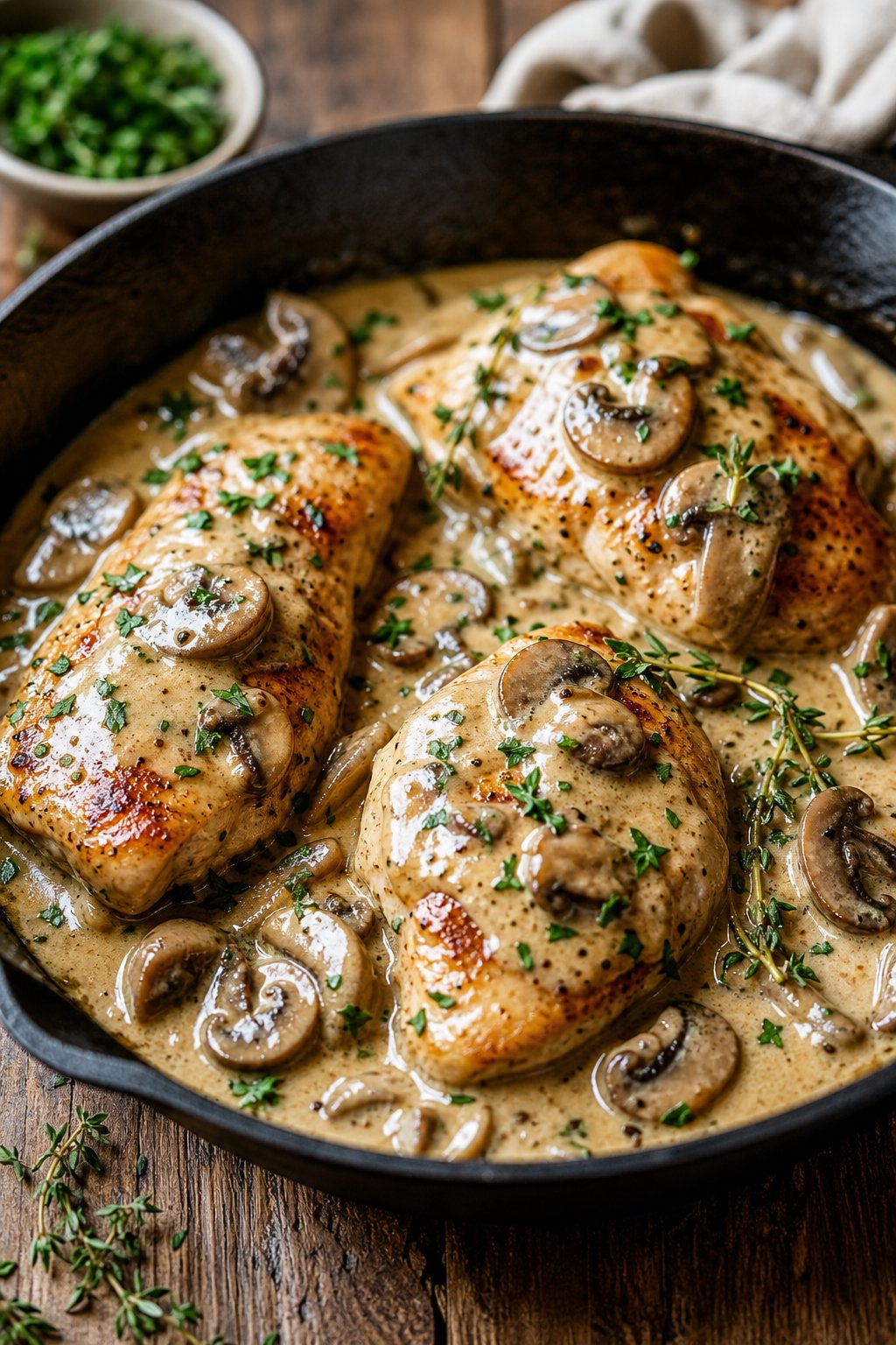 29 Mouthwatering Chicken Breast Recipes to Spice Up Your Dinner Routine! 18 Skillet with golden chicken breast topped with creamy mushroom sauce and garnished with fresh herbs on a wooden table.