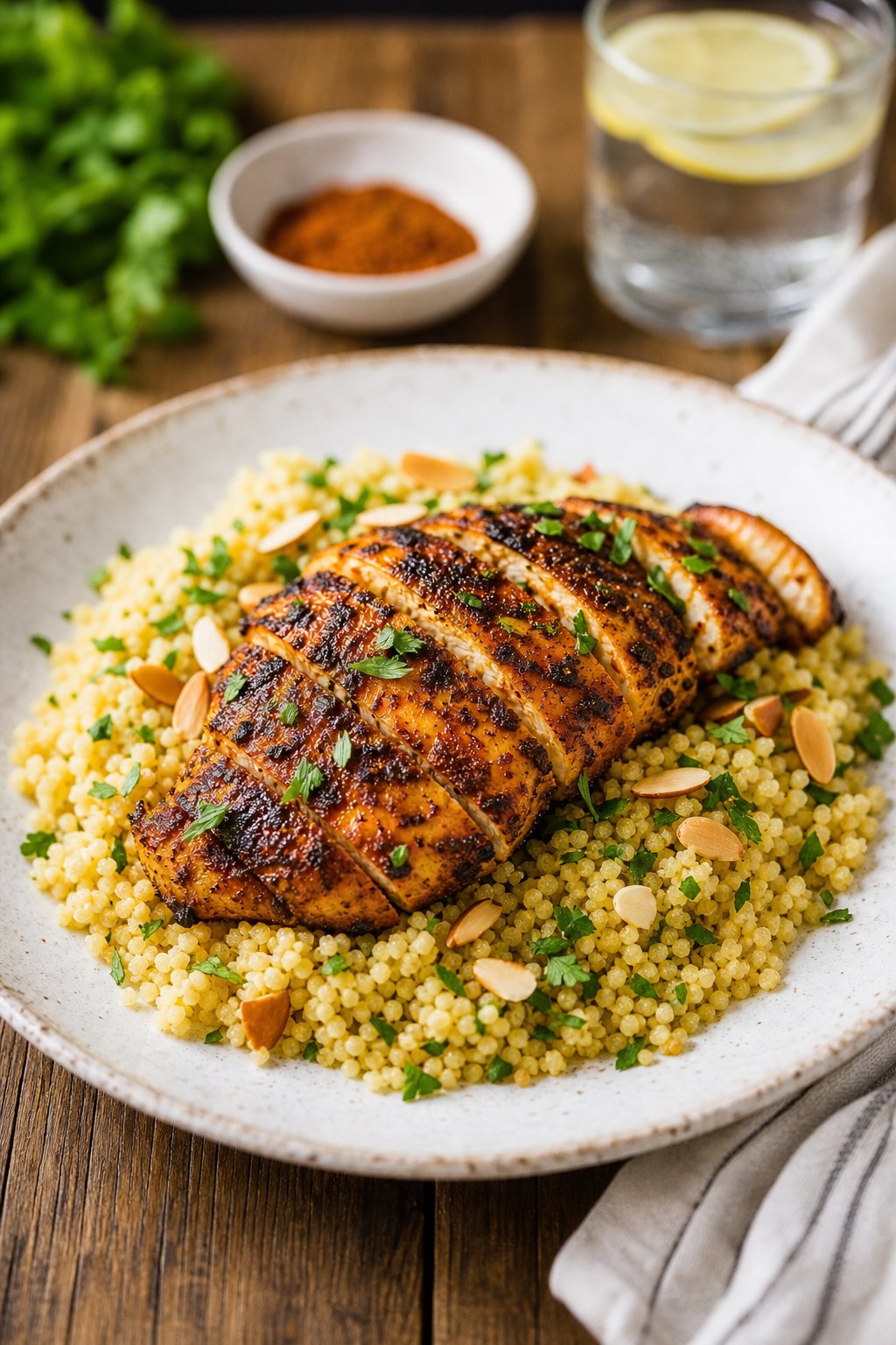 29 Mouthwatering Chicken Breast Recipes to Spice Up Your Dinner Routine! 19 A plate of Moroccan-spiced chicken breast served on a bed of couscous garnished with parsley and almonds on a wooden table.