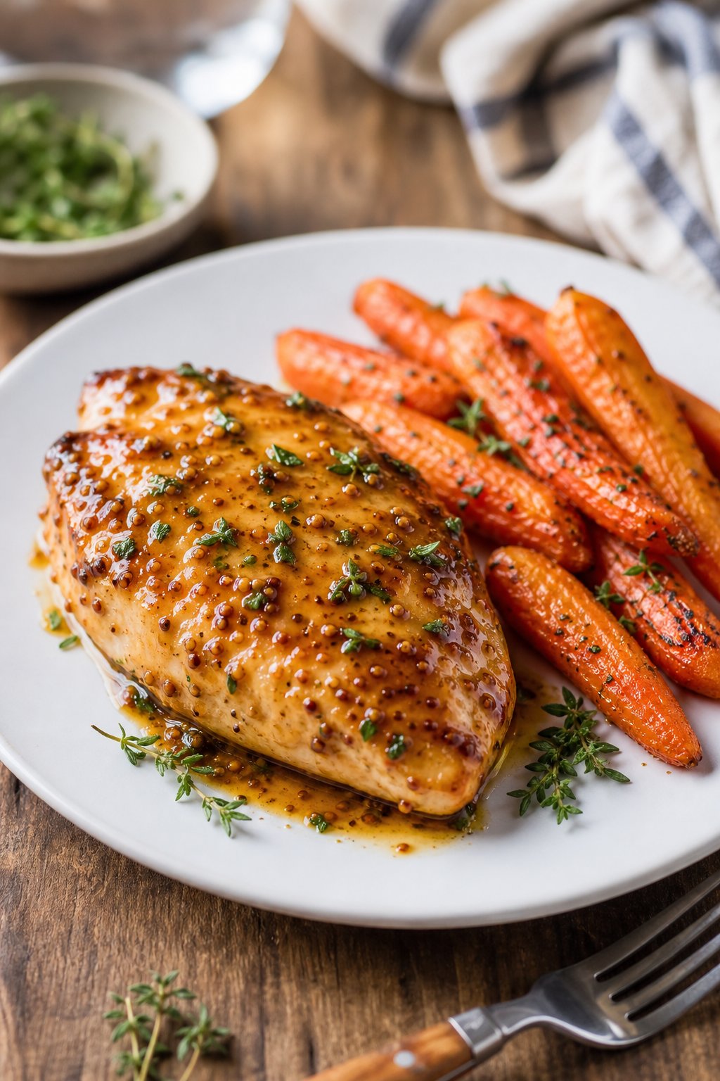 29 Mouthwatering Chicken Breast Recipes to Spice Up Your Dinner Routine! 20 A plate with honey-mustard glazed chicken breast and roasted carrots on a wooden table.