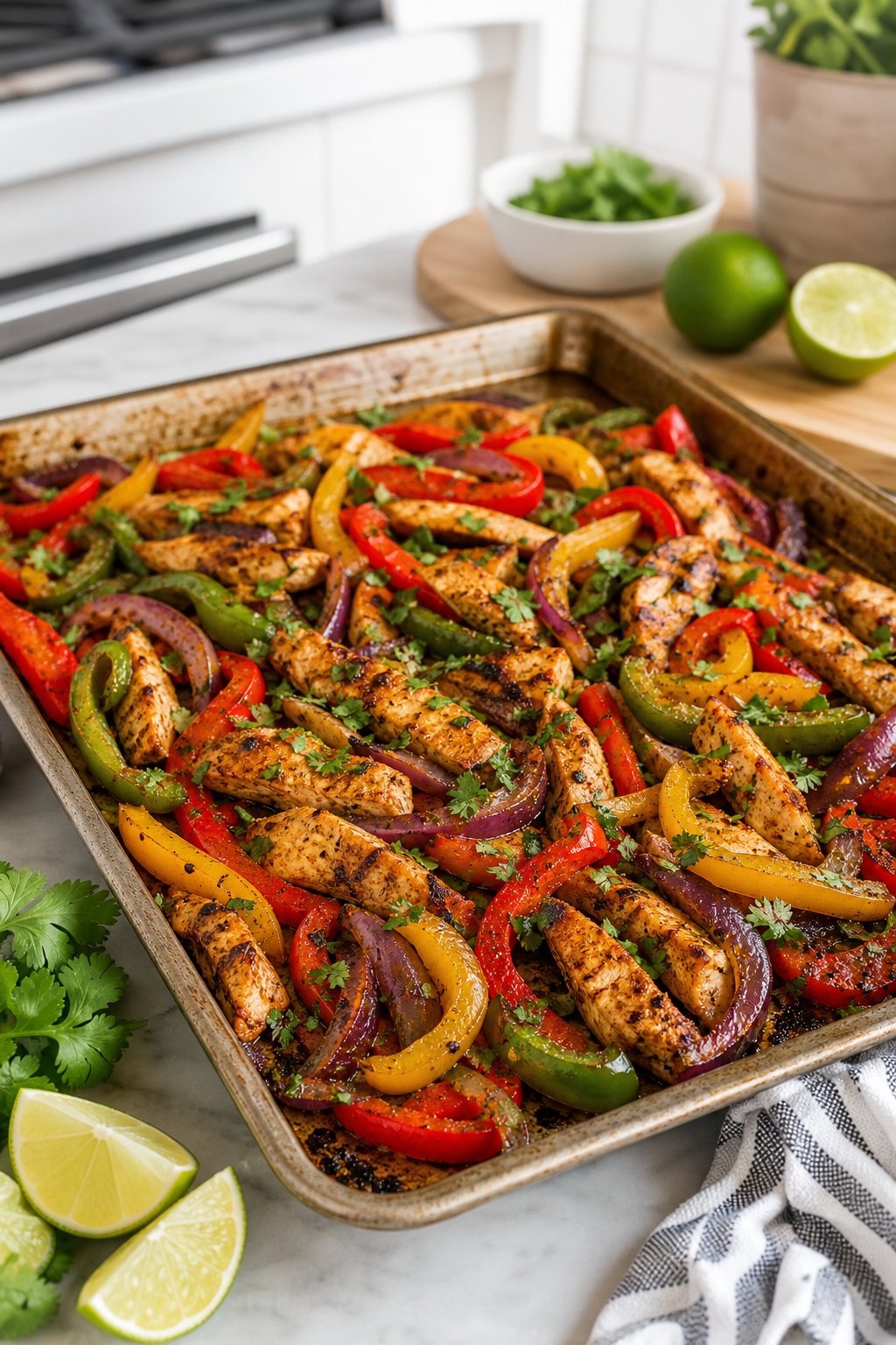 29 Mouthwatering Chicken Breast Recipes to Spice Up Your Dinner Routine! 21 A sheet pan filled with cooked chicken breast strips, colorful bell peppers, and onions, garnished with cilantro and lime wedges.
