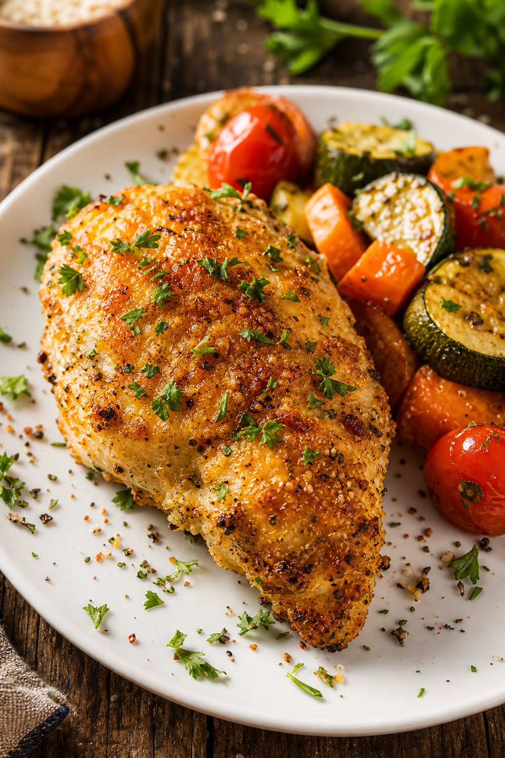 29 Mouthwatering Chicken Breast Recipes to Spice Up Your Dinner Routine! 22 A plate with garlic-parmesan crusted baked chicken breast garnished with parsley and served with roasted vegetables on a wooden table.