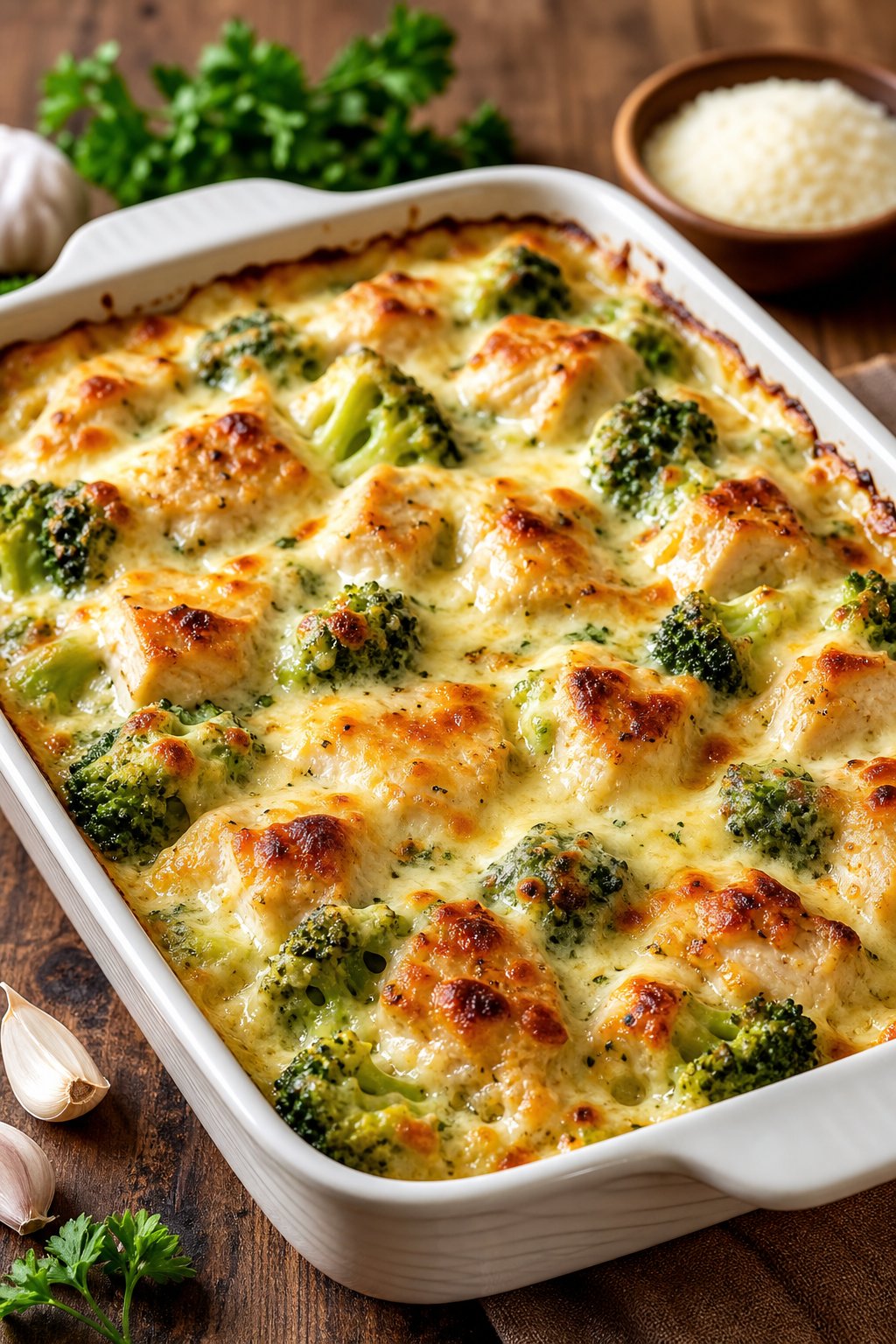 29 Mouthwatering Chicken Breast Recipes to Spice Up Your Dinner Routine! 23 A baked chicken and broccoli Alfredo casserole in a white dish on a wooden table.