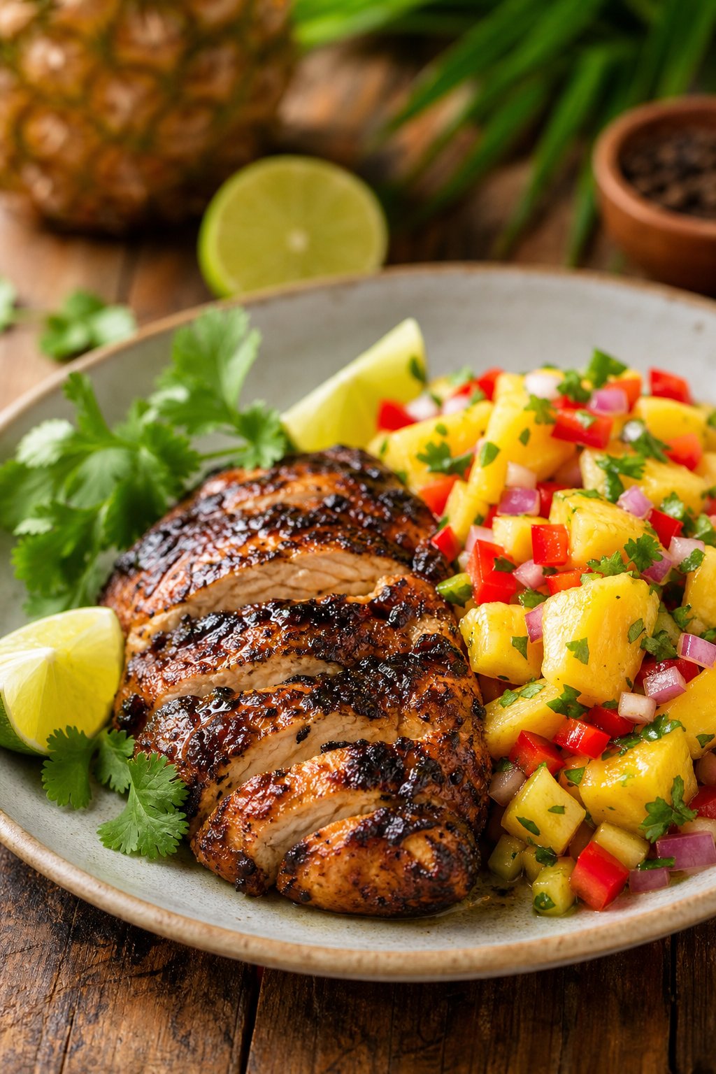 29 Mouthwatering Chicken Breast Recipes to Spice Up Your Dinner Routine! 24 A grilled Jamaican jerk chicken breast served with pineapple salsa on a plate, garnished with lime wedges and fresh herbs.