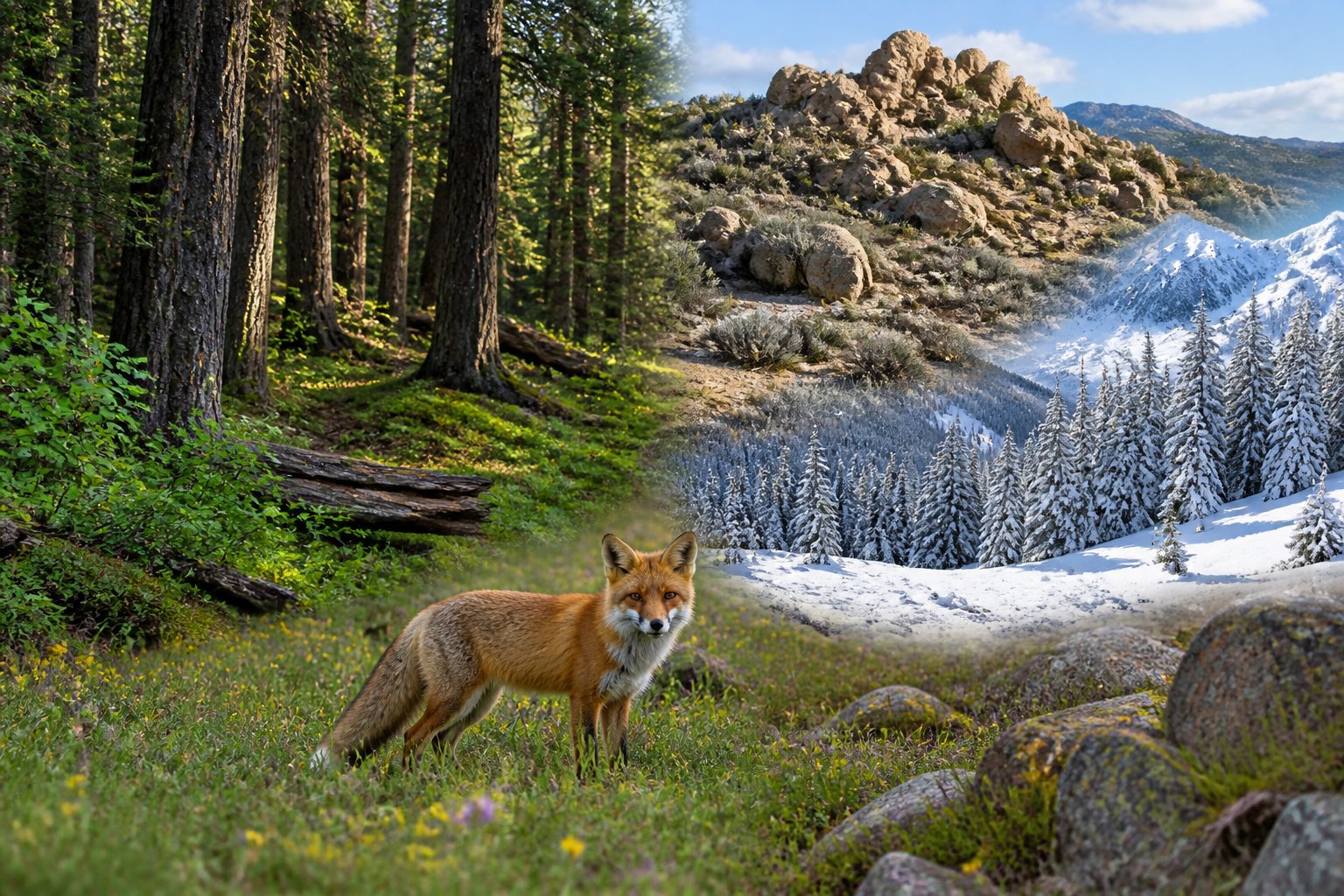 A red fox in a natural setting showing different habitats including forest, meadow, rocky hills, and snowy landscape.