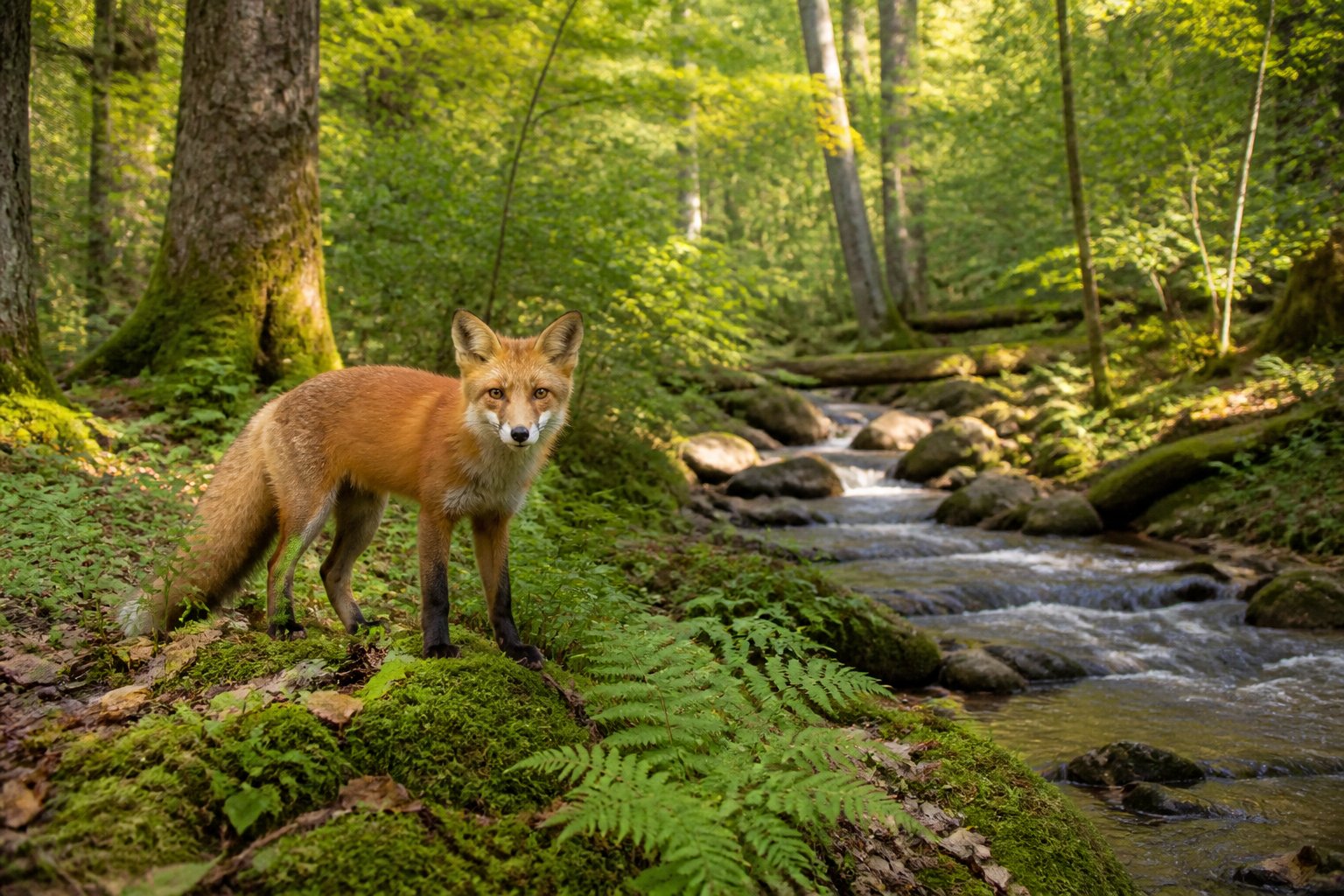 A red fox standing on mossy ground in a green forest near a small stream with trees and plants around.