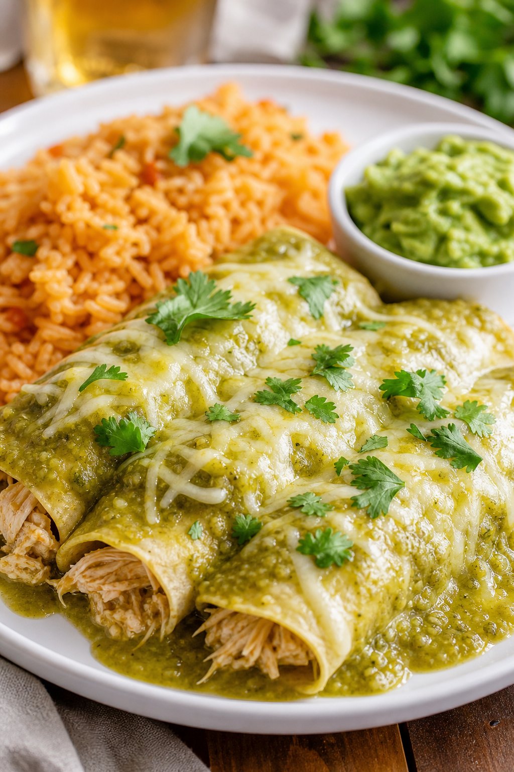 29 Mouthwatering Chicken Breast Recipes to Spice Up Your Dinner Routine! 25 A plate of salsa verde chicken enchiladas topped with melted cheese and cilantro, served with rice and guacamole.