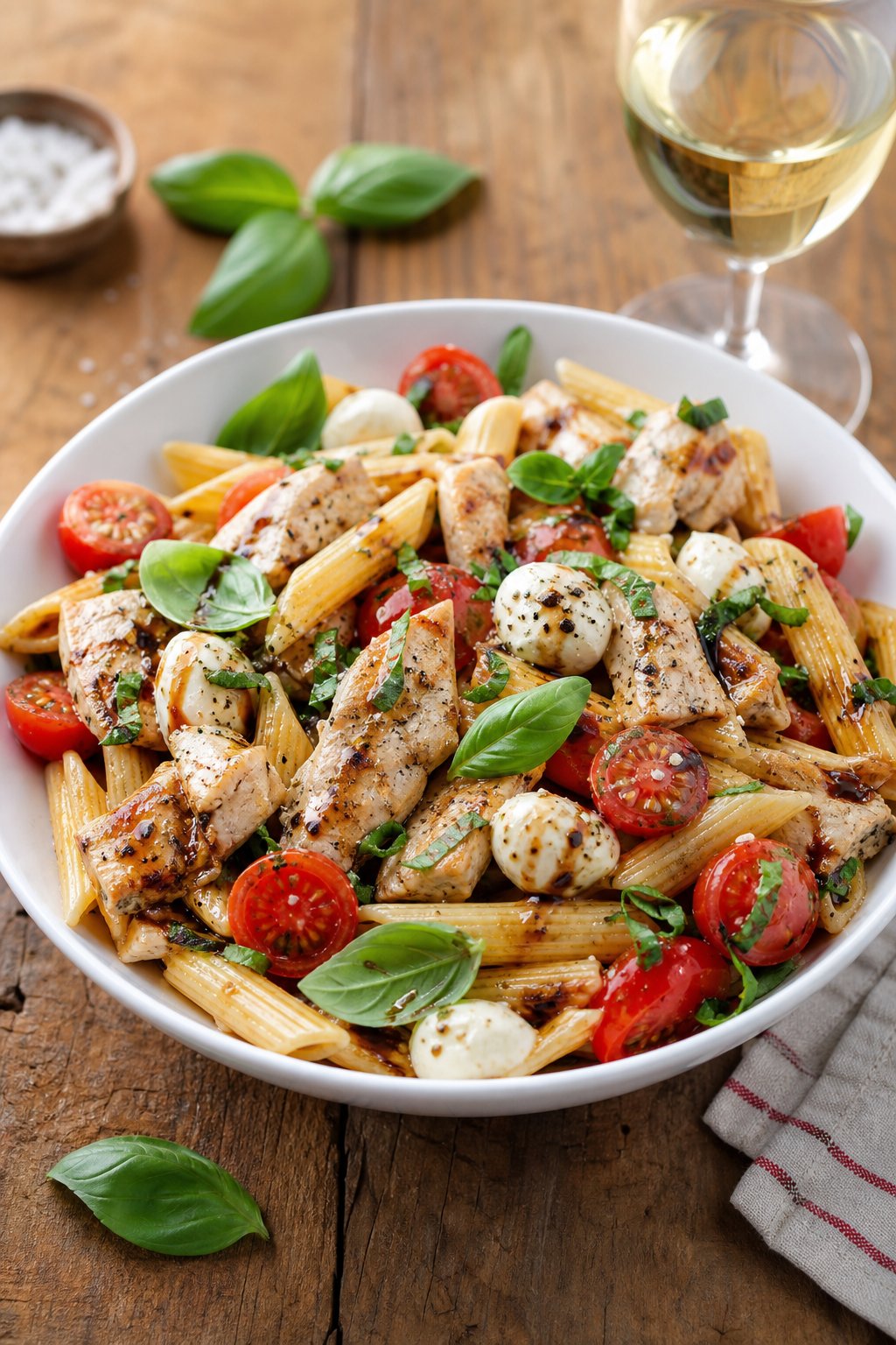 29 Mouthwatering Chicken Breast Recipes to Spice Up Your Dinner Routine! 26 A bowl of Caprese chicken pasta with chicken pieces, pasta, cherry tomatoes, basil, and mozzarella on a wooden table.