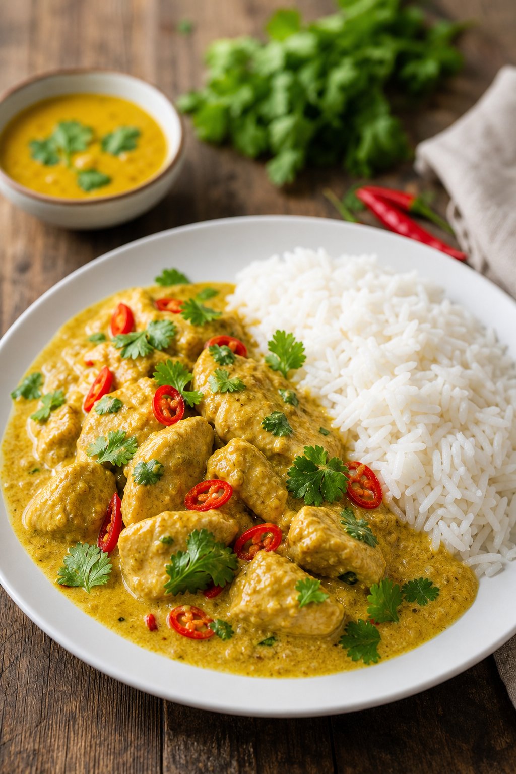 29 Mouthwatering Chicken Breast Recipes to Spice Up Your Dinner Routine! 27 A plate of coconut curry chicken with jasmine rice garnished with cilantro and red chili on a wooden table.
