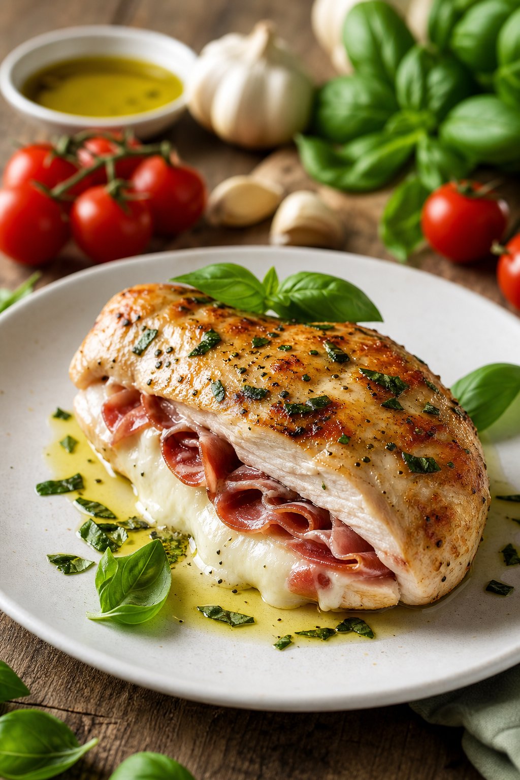 29 Mouthwatering Chicken Breast Recipes to Spice Up Your Dinner Routine! 28 A plated Italian stuffed chicken breast with prosciutto and melted mozzarella, garnished with basil on a wooden table with fresh ingredients around.