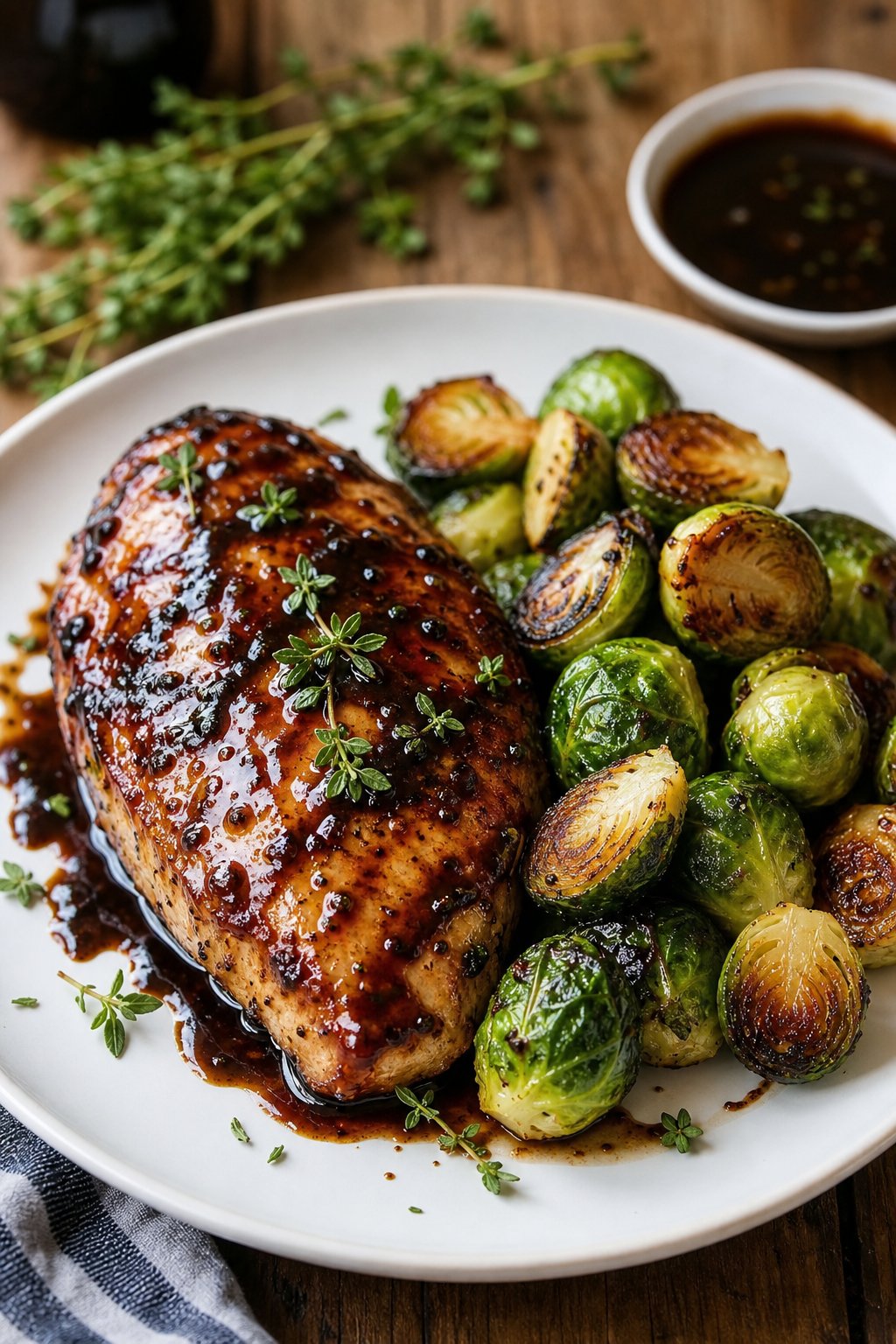 29 Mouthwatering Chicken Breast Recipes to Spice Up Your Dinner Routine! 29 A plate with balsamic-glazed chicken breast and roasted Brussels sprouts on a wooden table.