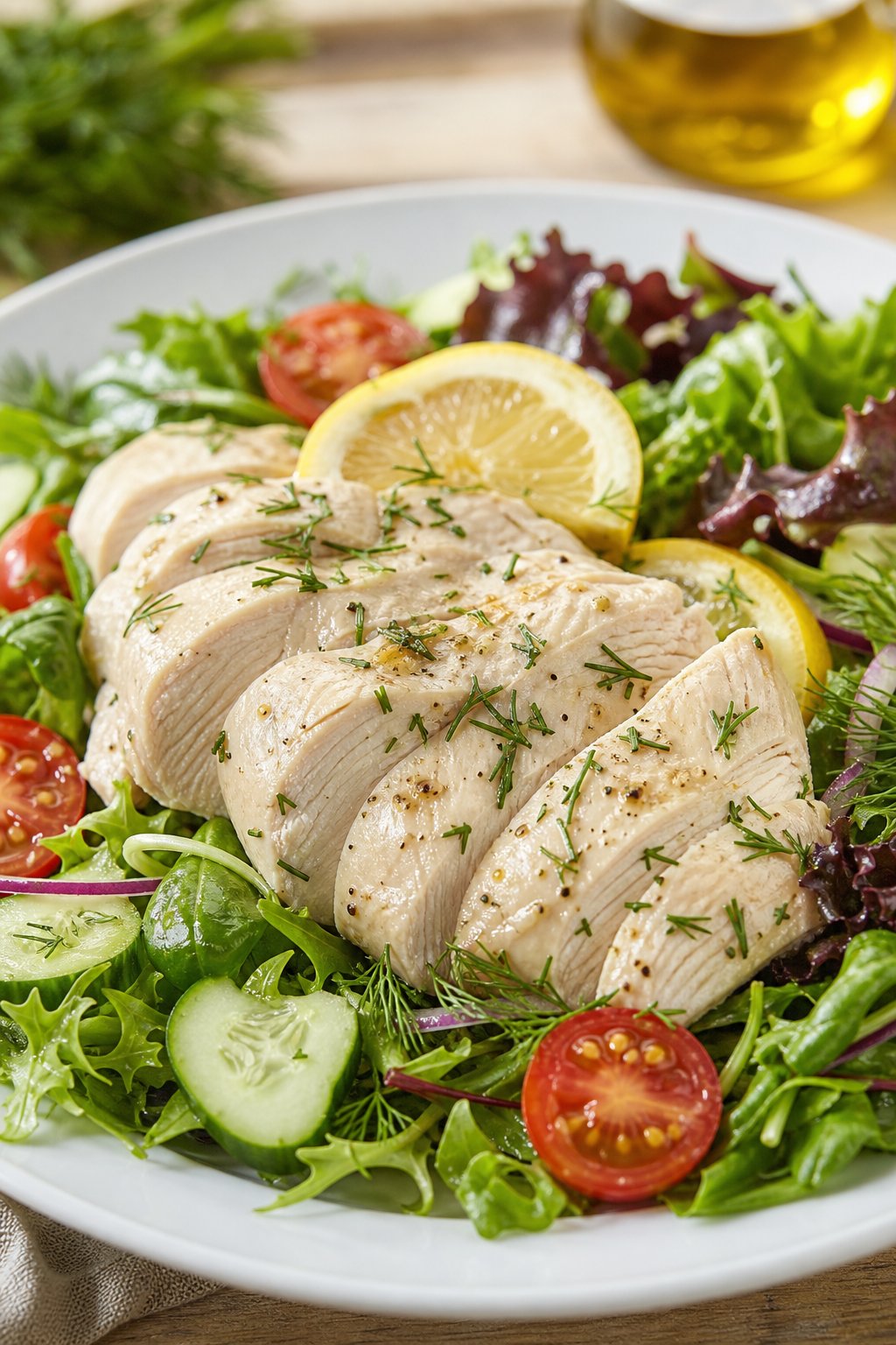 29 Mouthwatering Chicken Breast Recipes to Spice Up Your Dinner Routine! 30 A plate of lemon-dill poached chicken breast slices served on a fresh green salad with cherry tomatoes and cucumber.