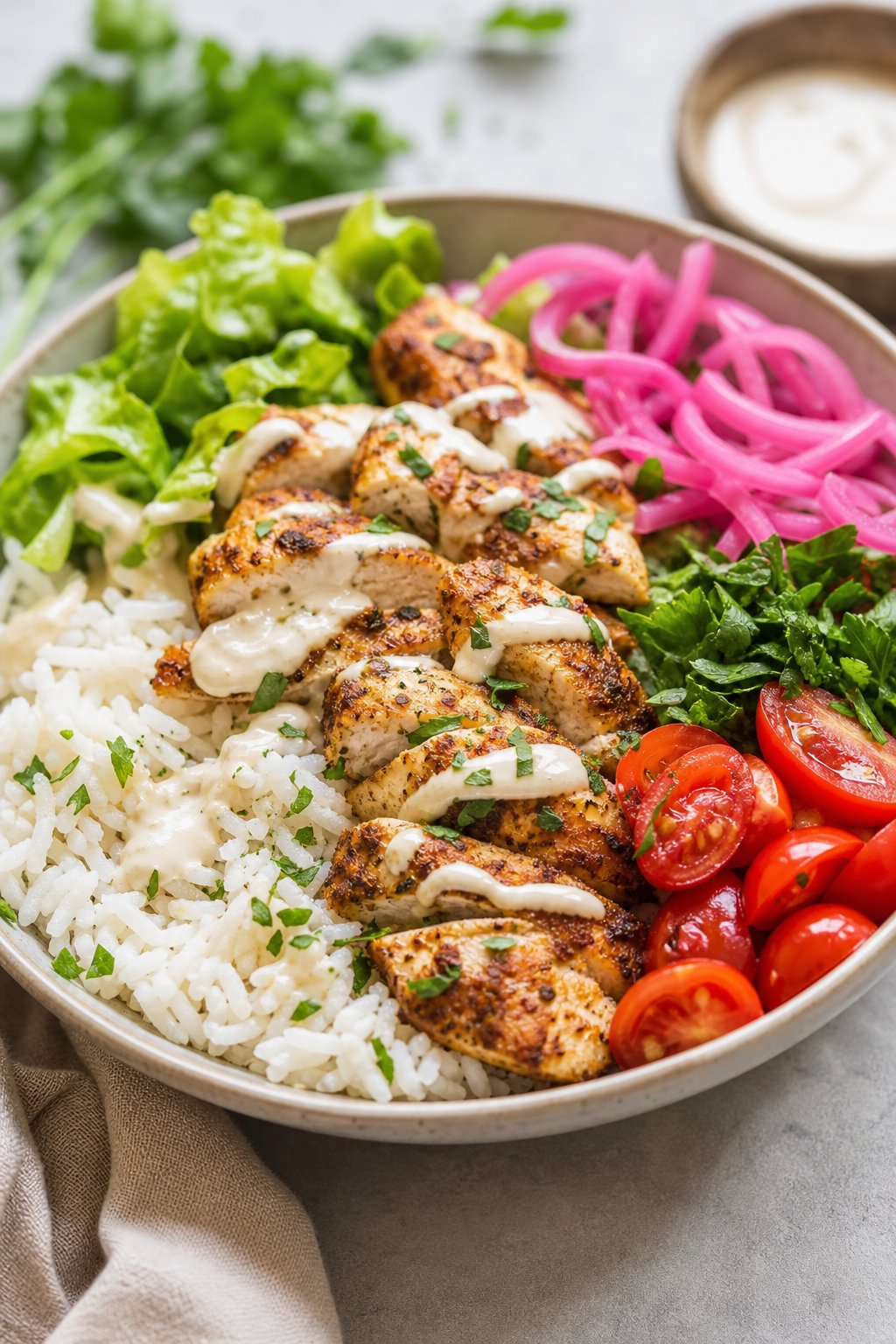 29 Mouthwatering Chicken Breast Recipes to Spice Up Your Dinner Routine! 31 A bowl of chicken shawarma with grilled chicken breast, pickled onions, rice, greens, and cherry tomatoes.