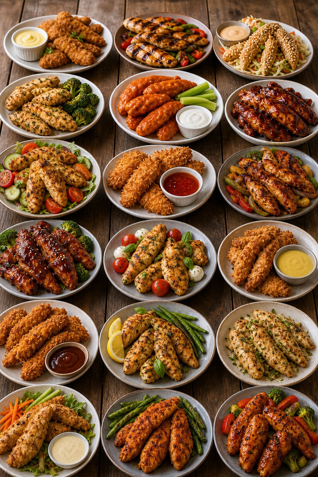 A table spread with a variety of cooked chicken tenderloin dishes, including breaded strips, glazed tenders, and dipping sauces in small bowls.