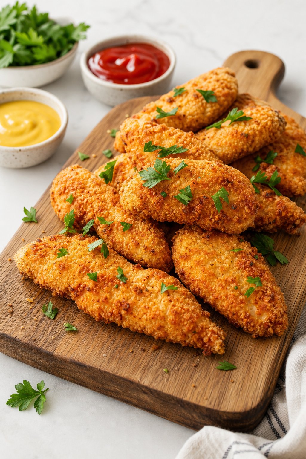 Golden panko-crusted chicken tenders arranged on a wooden board with two small dipping sauce bowls.