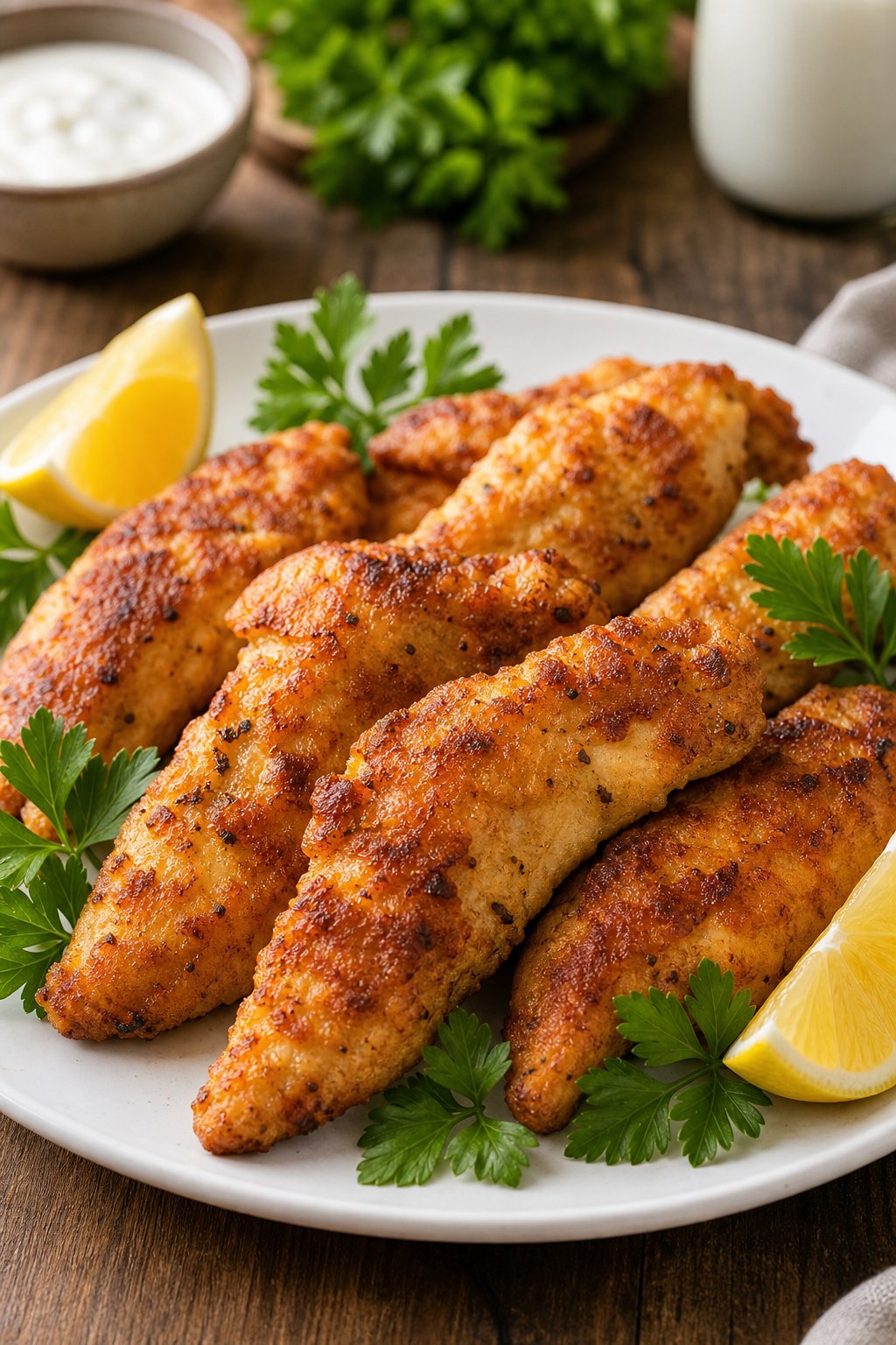 Golden-brown pan-fried chicken tenderloins on a white plate, garnished with fresh parsley and lemon wedges on a wooden table.
