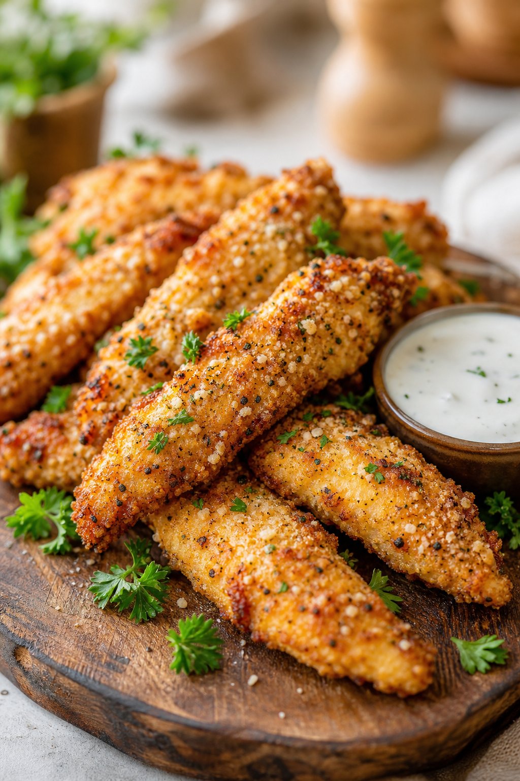 Crispy Parmesan garlic chicken strips on a wooden serving board, garnished with chopped parsley beside a small bowl of dipping sauce.