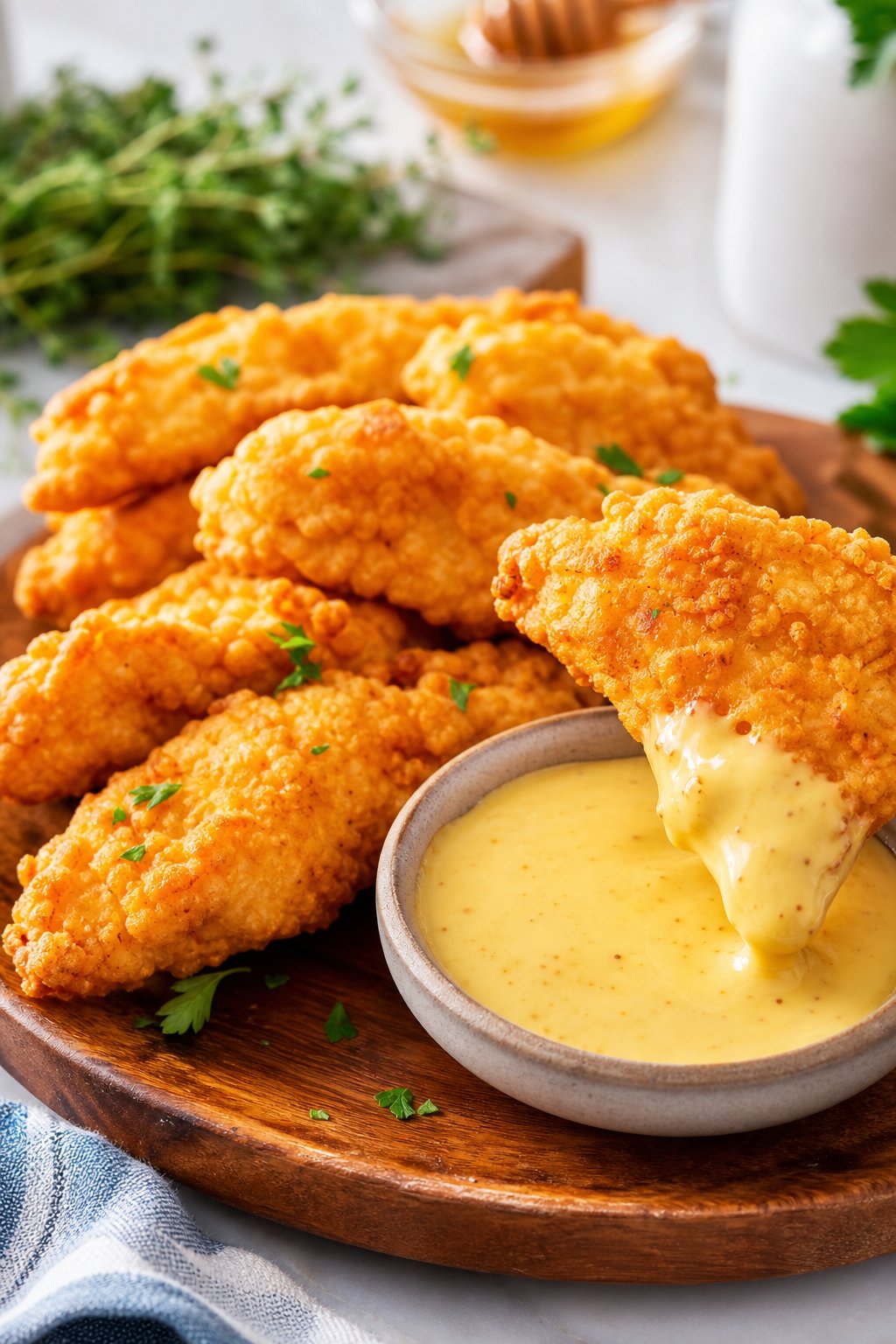 Close-up of golden chicken tenderloins on a wooden board with a small bowl of honey-mustard dipping sauce and scattered fresh herbs nearby.